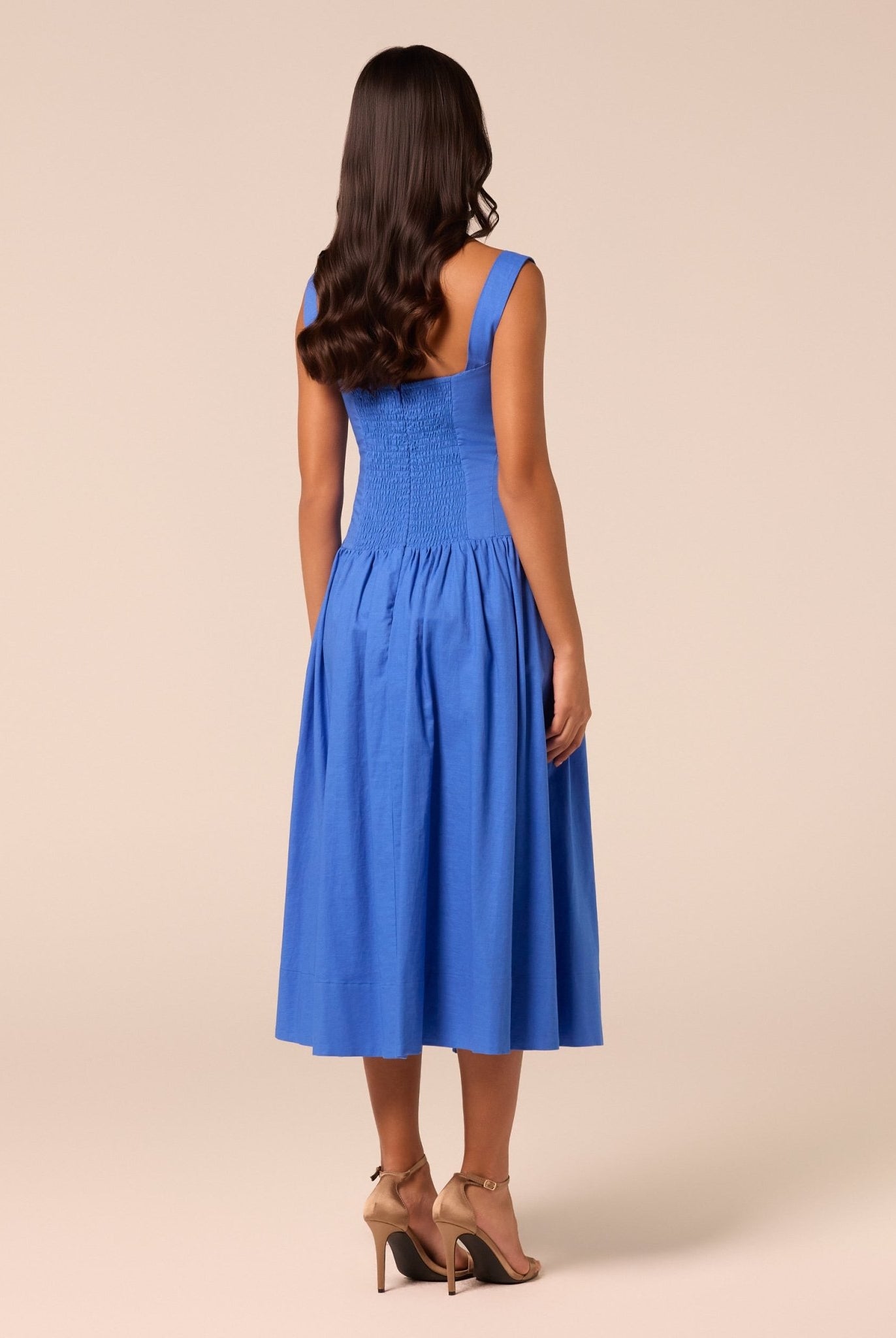 Blue Wide Strap Linen Midi Dress - shopaleena