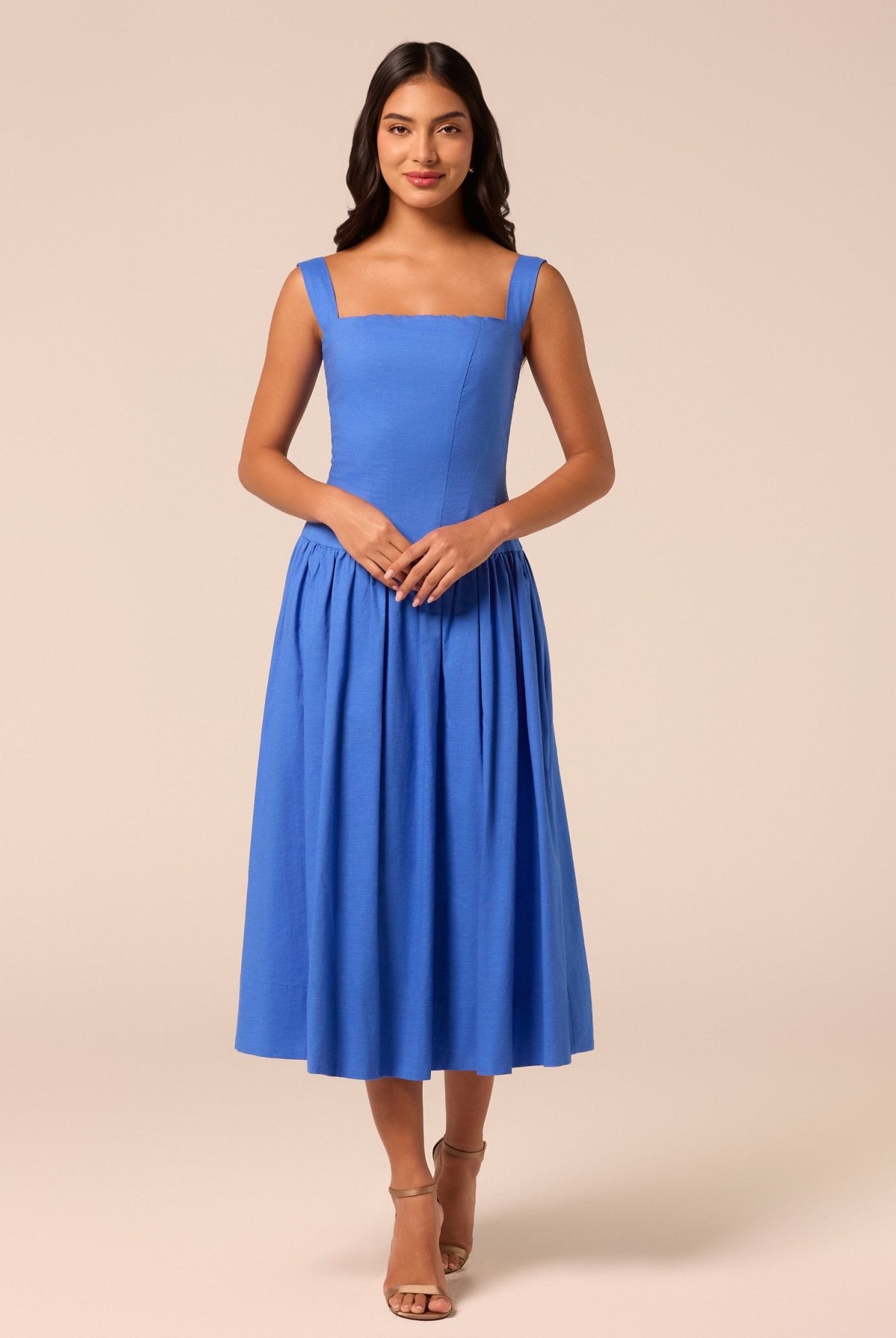 Blue Wide Strap Linen Midi Dress - shopaleena