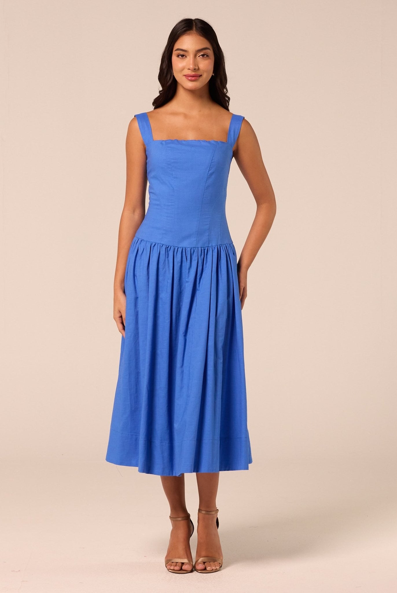 Blue Wide Strap Linen Midi Dress - shopaleena