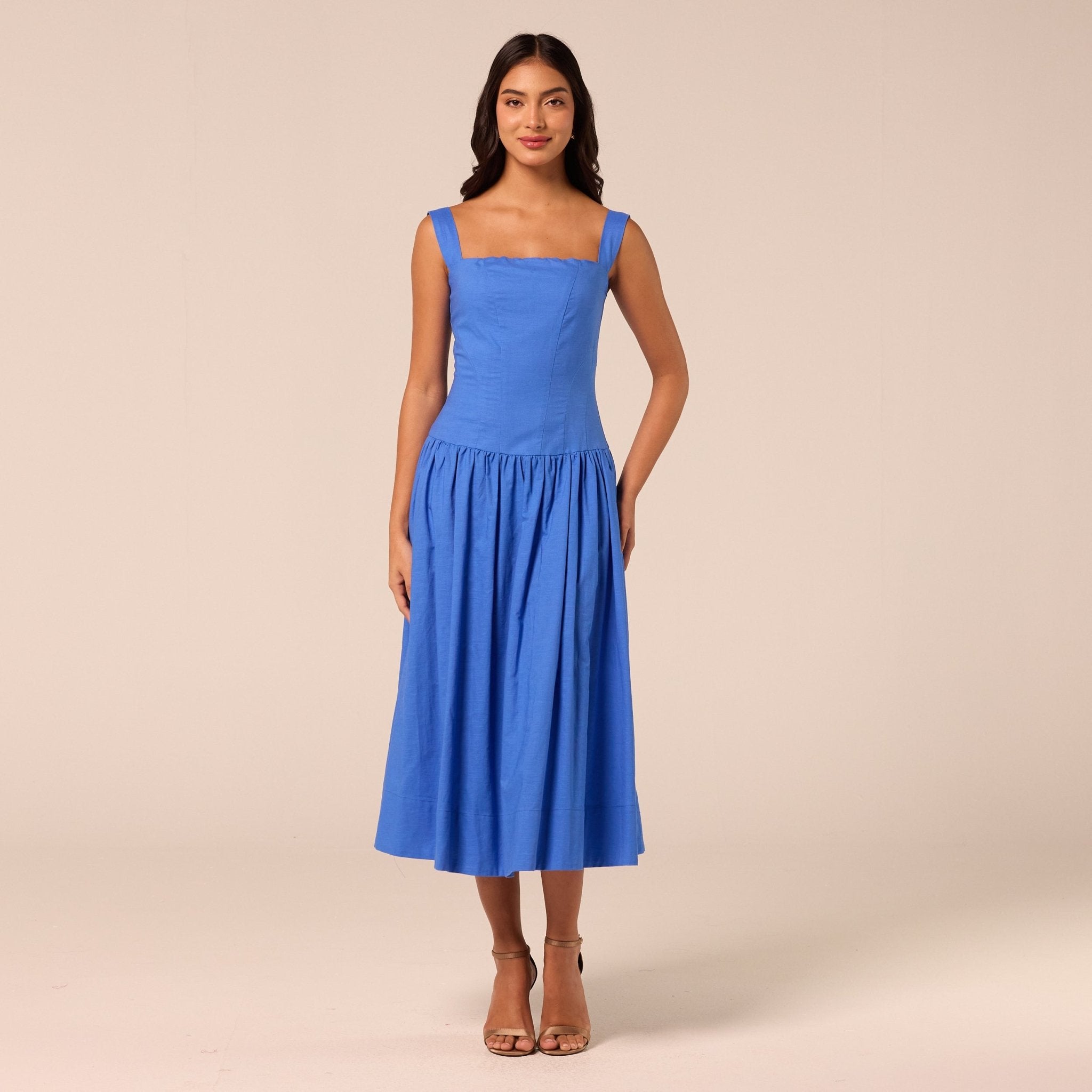 Blue Wide Strap Linen Midi Dress - shopaleena