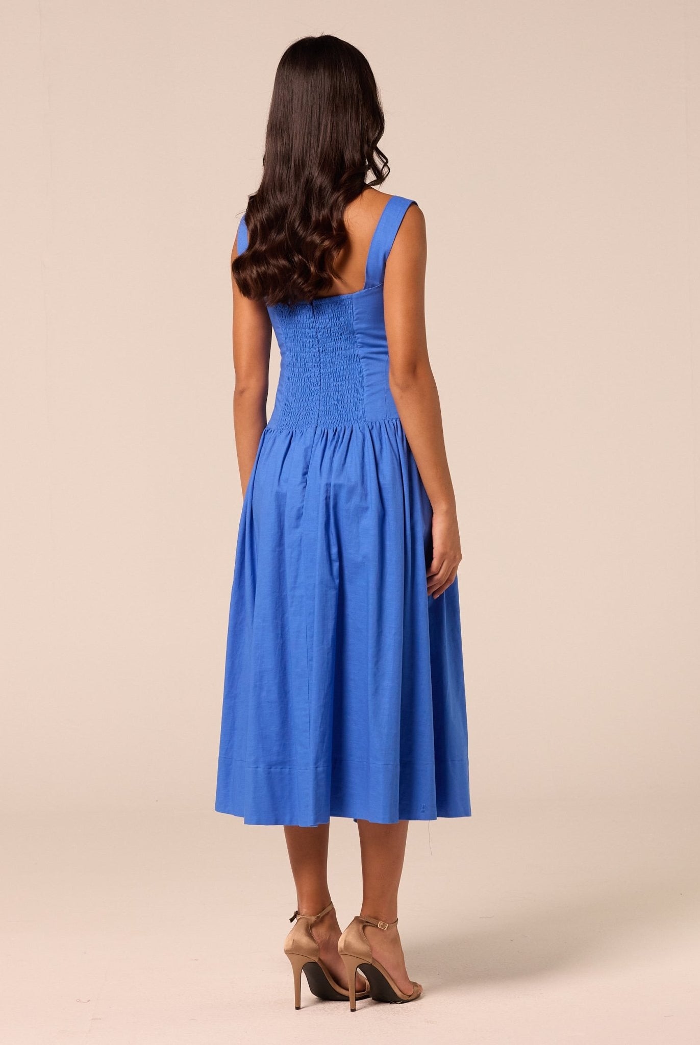 Blue Wide Strap Linen Midi Dress - shopaleena