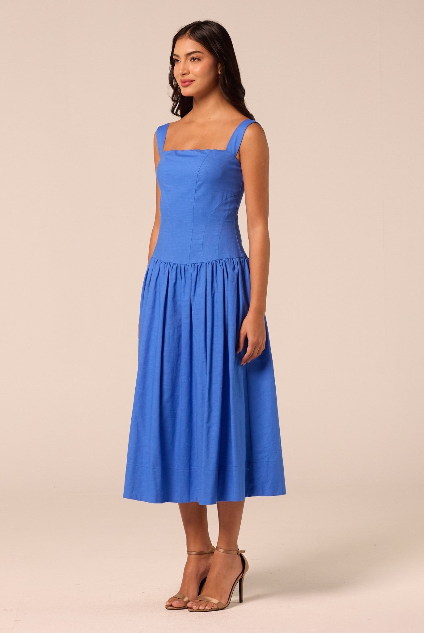 Blue Wide Strap Linen Midi Dress - shopaleena