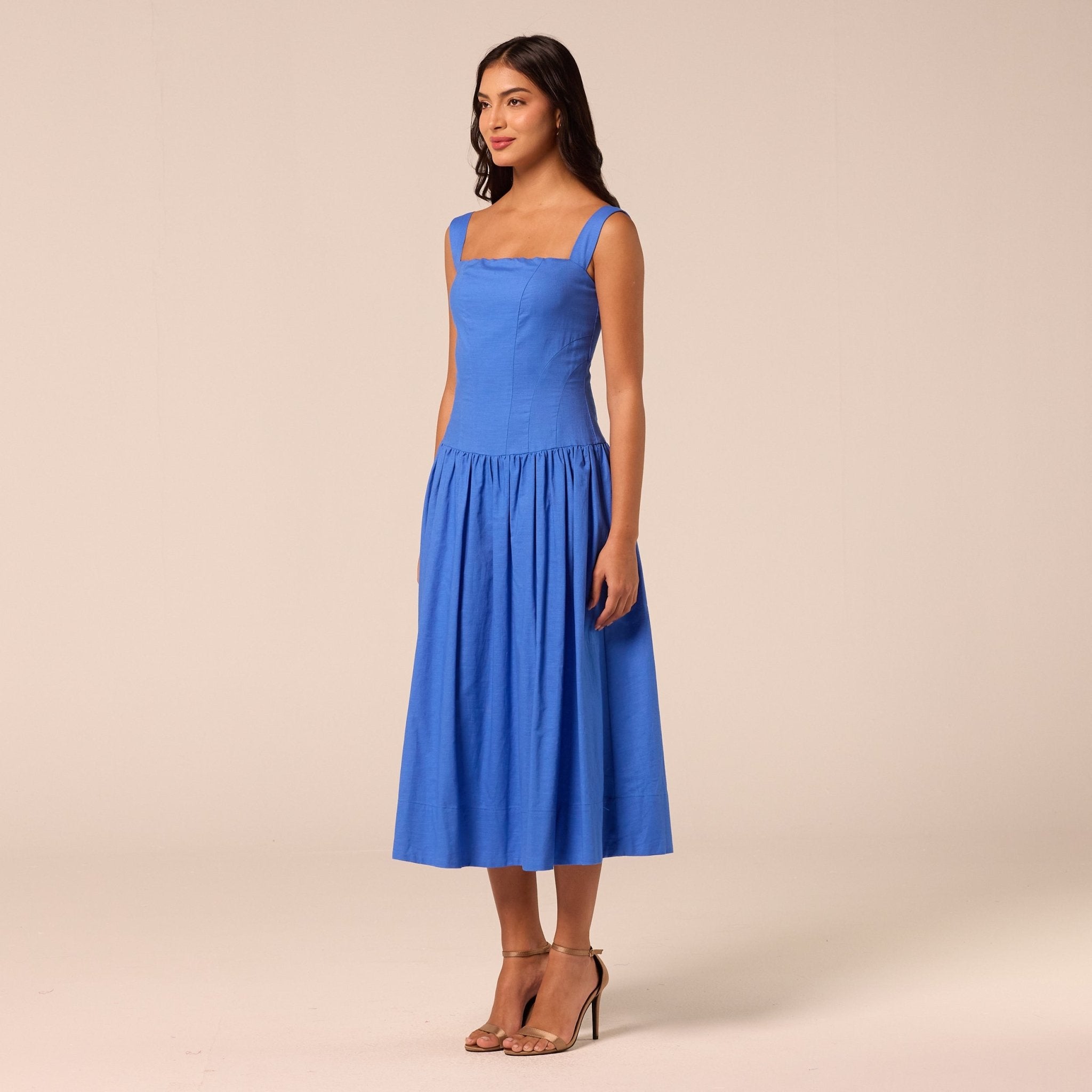 Blue Wide Strap Linen Midi Dress - shopaleena