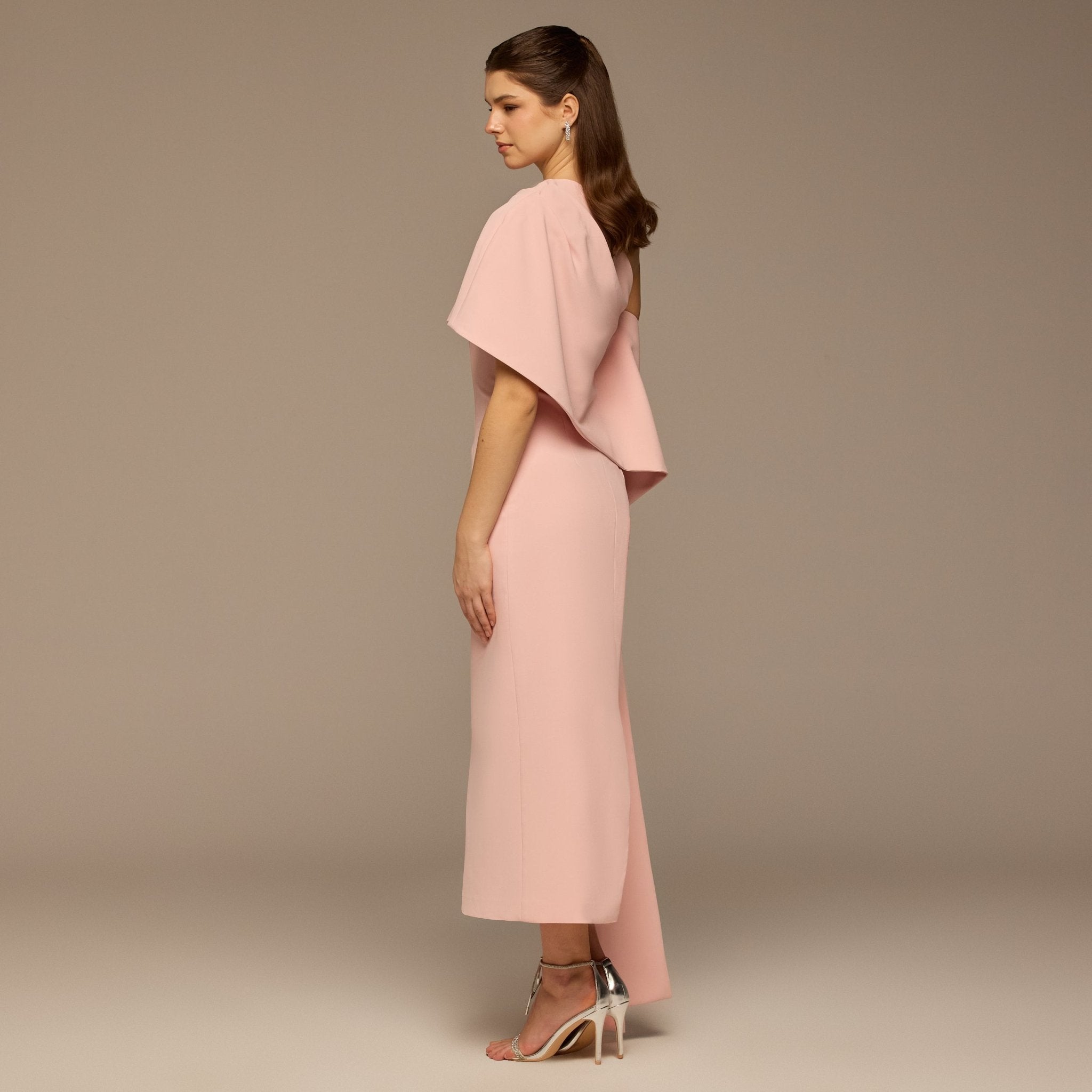 Blush One Shoulder Draped Crepe Dress - shopaleena