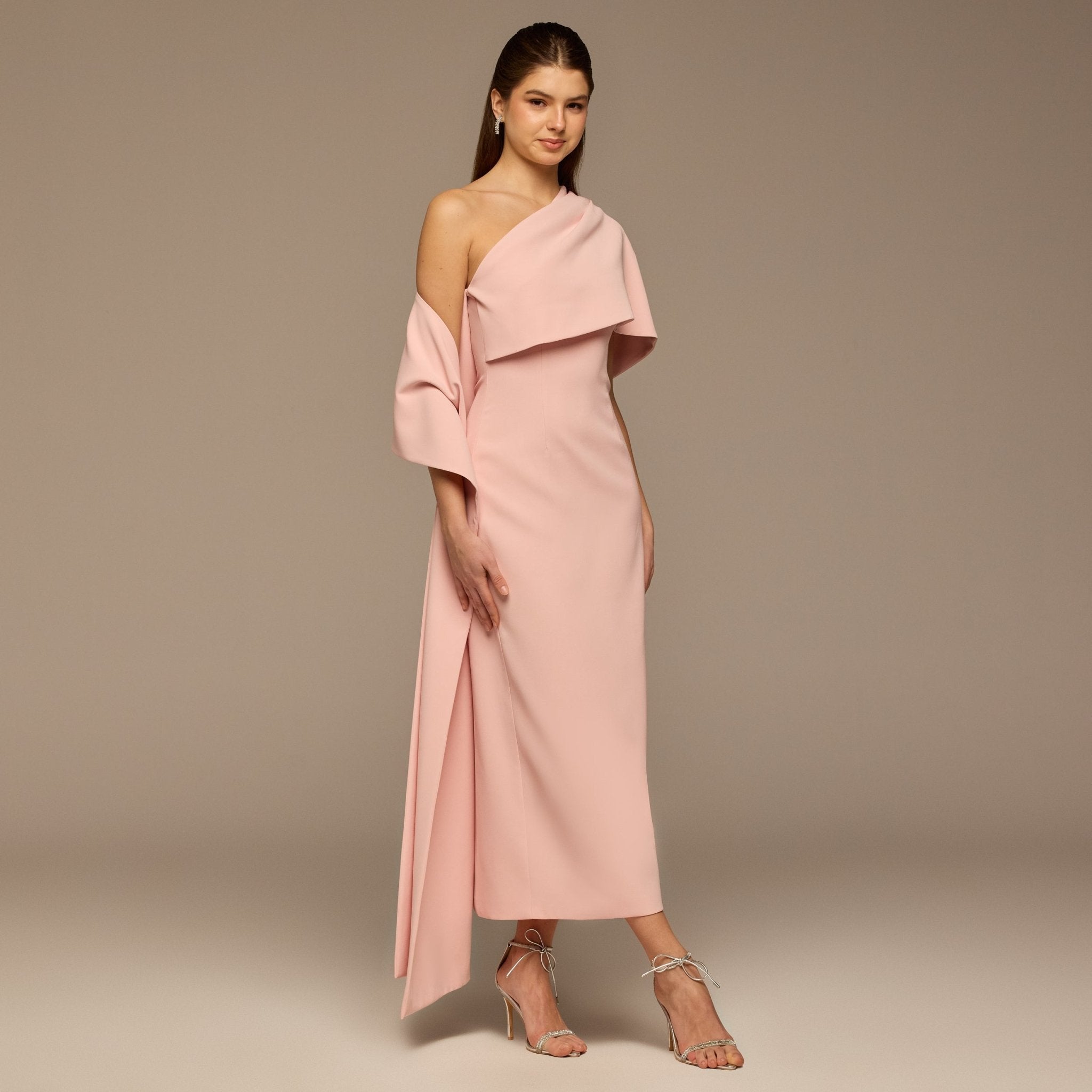 Blush One Shoulder Draped Crepe Dress - shopaleena