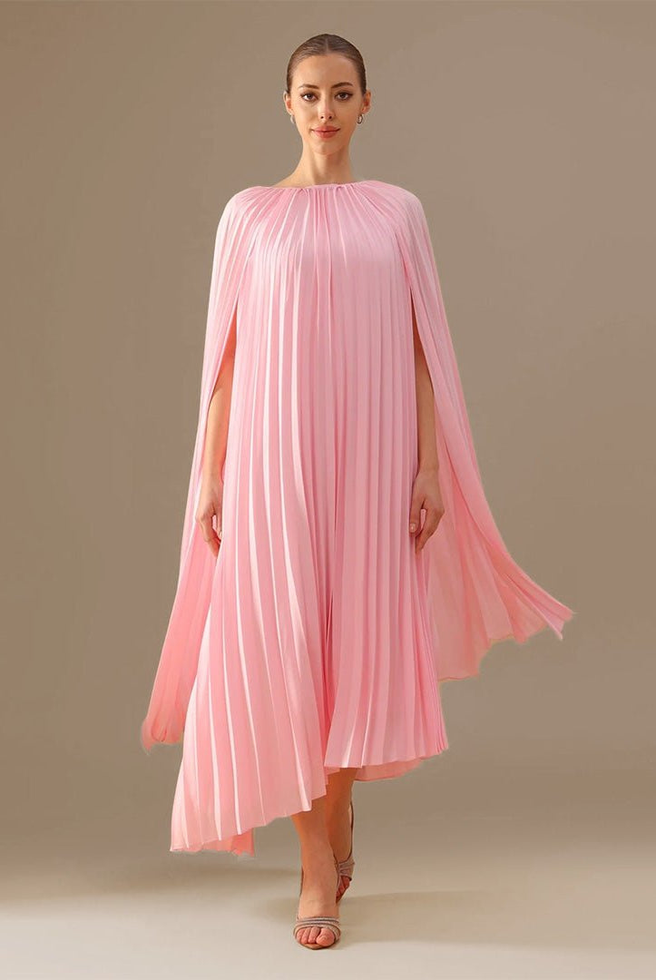 Boat Neckline Long Sleeve Pleated Dress - shopaleena