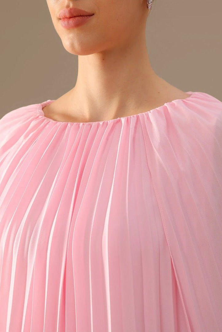 Boat Neckline Long Sleeve Pleated Dress - shopaleena