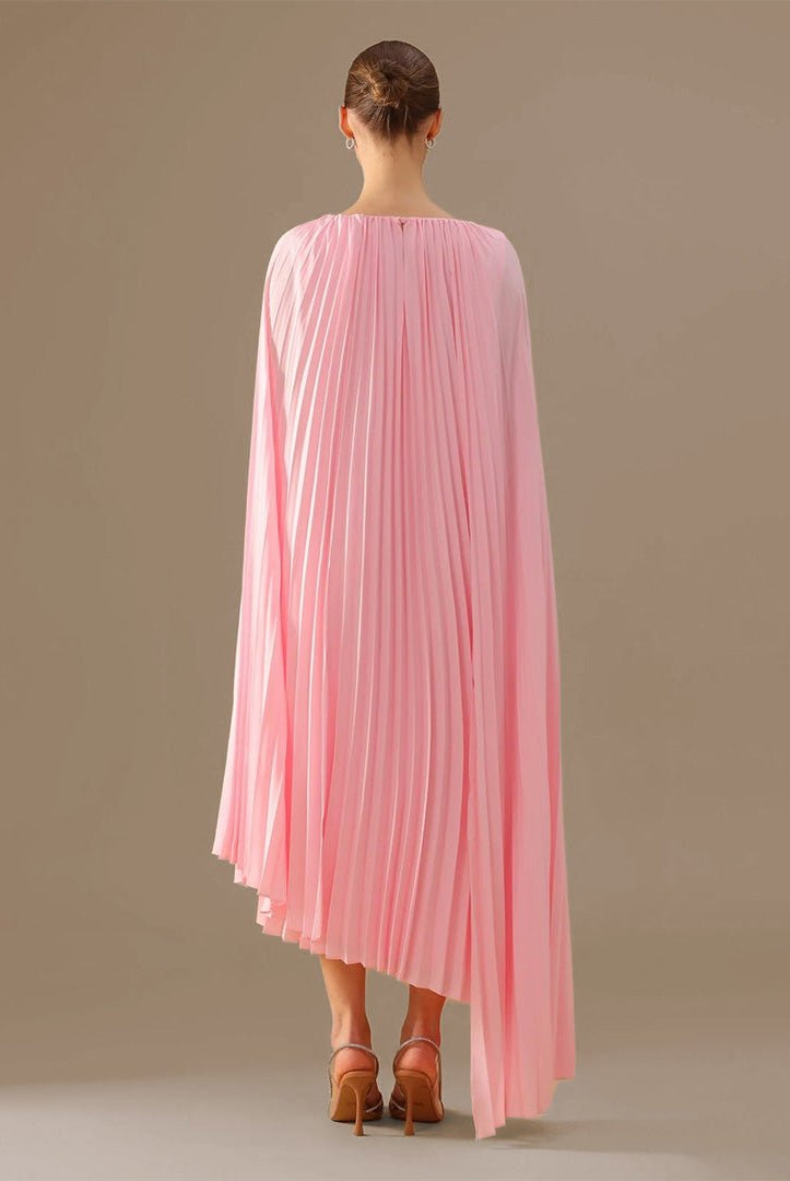 Boat Neckline Long Sleeve Pleated Dress - shopaleena