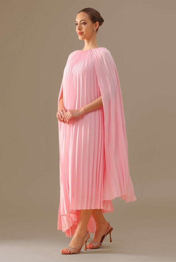 Boat Neckline Long Sleeve Pleated Dress - shopaleena