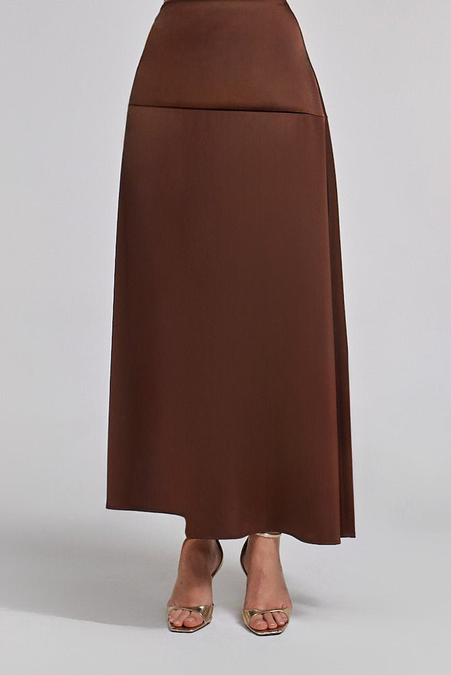Brown A - line Satin Maxi Skirt - shopaleena