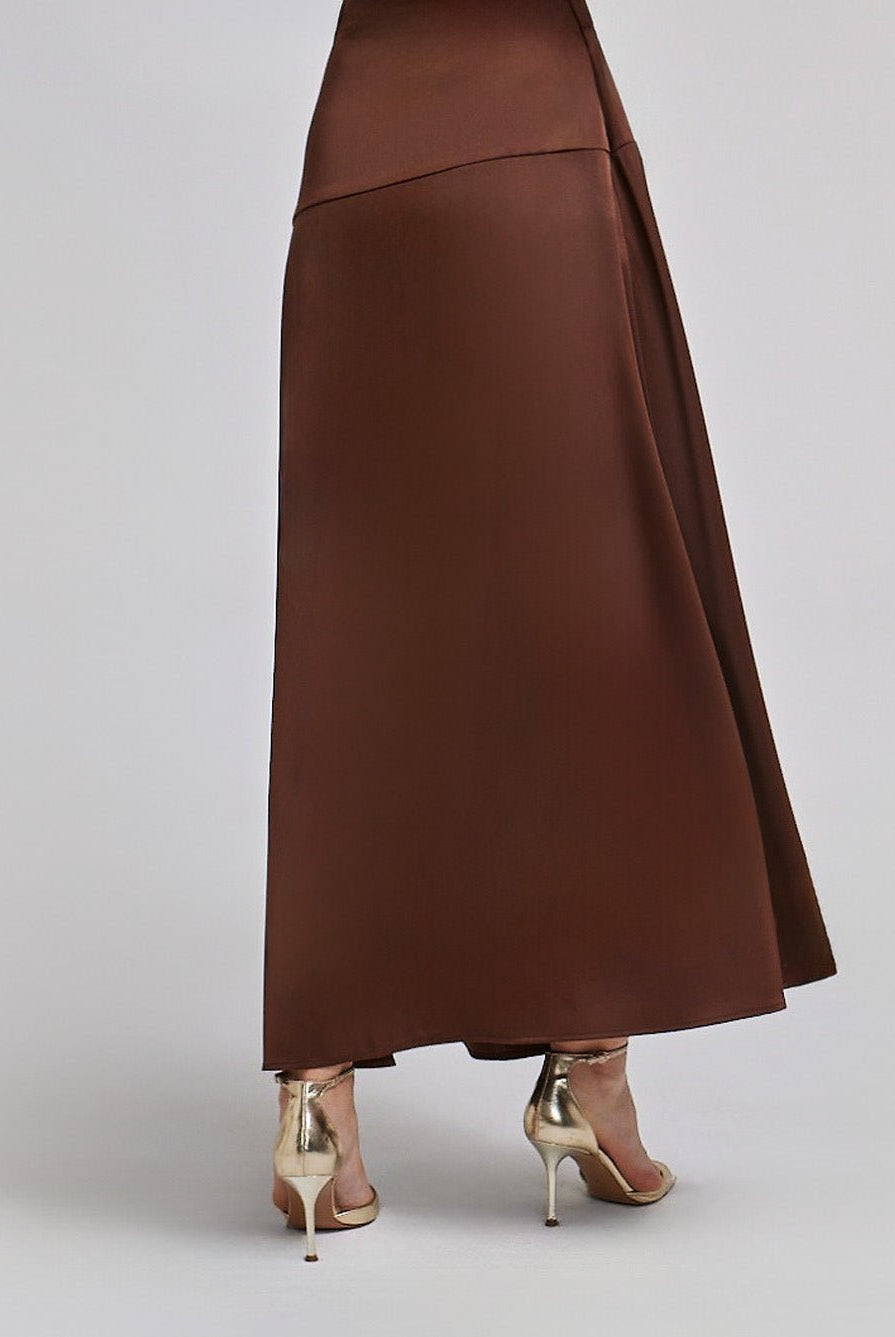 Brown A - line Satin Maxi Skirt - shopaleena