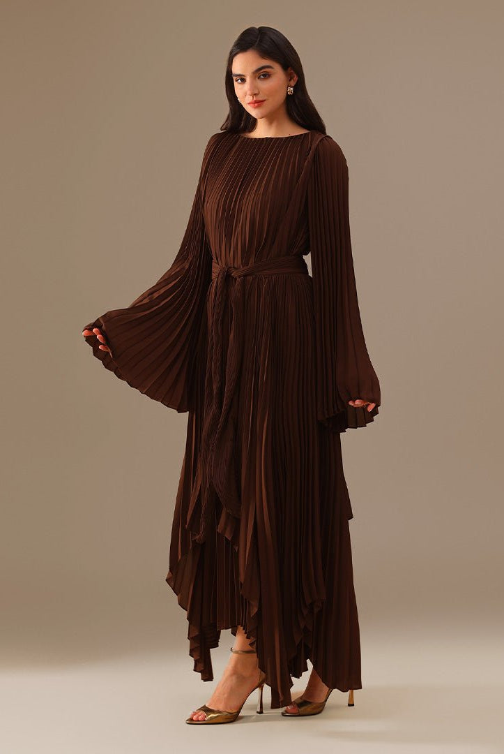 Brown All Pleats Long Sleeve Chiffon Dress - shopaleena