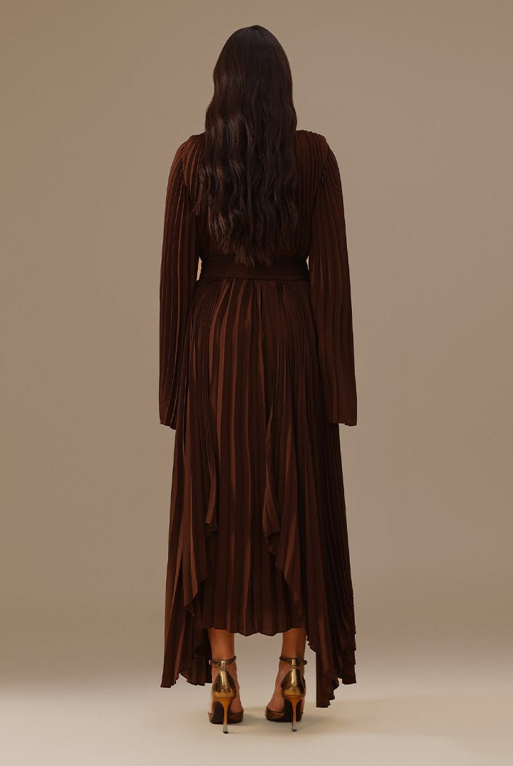 Brown All Pleats Long Sleeve Chiffon Dress - shopaleena