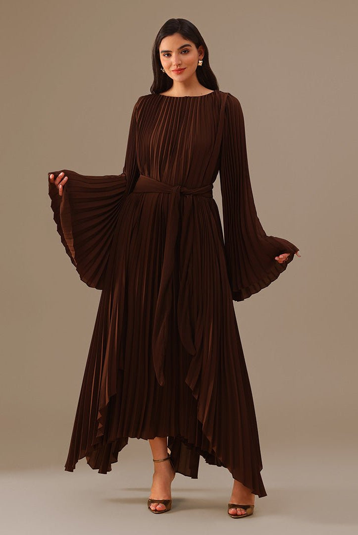 Brown All Pleats Long Sleeve Chiffon Dress - shopaleena
