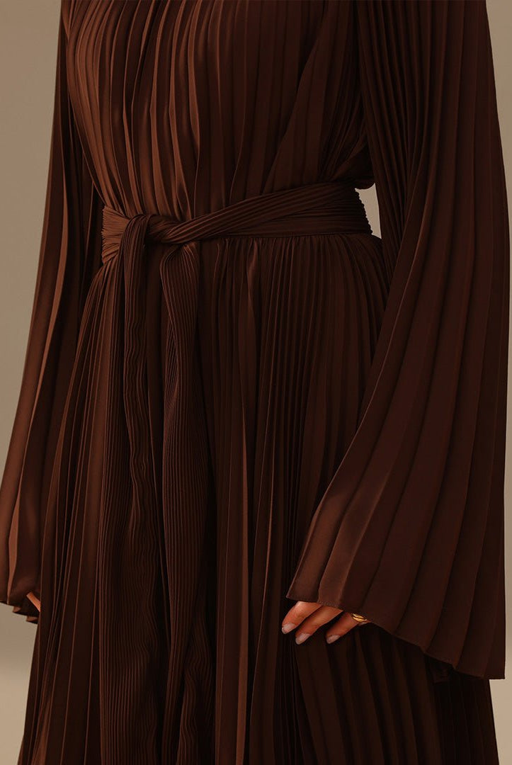Brown All Pleats Long Sleeve Chiffon Dress - shopaleena