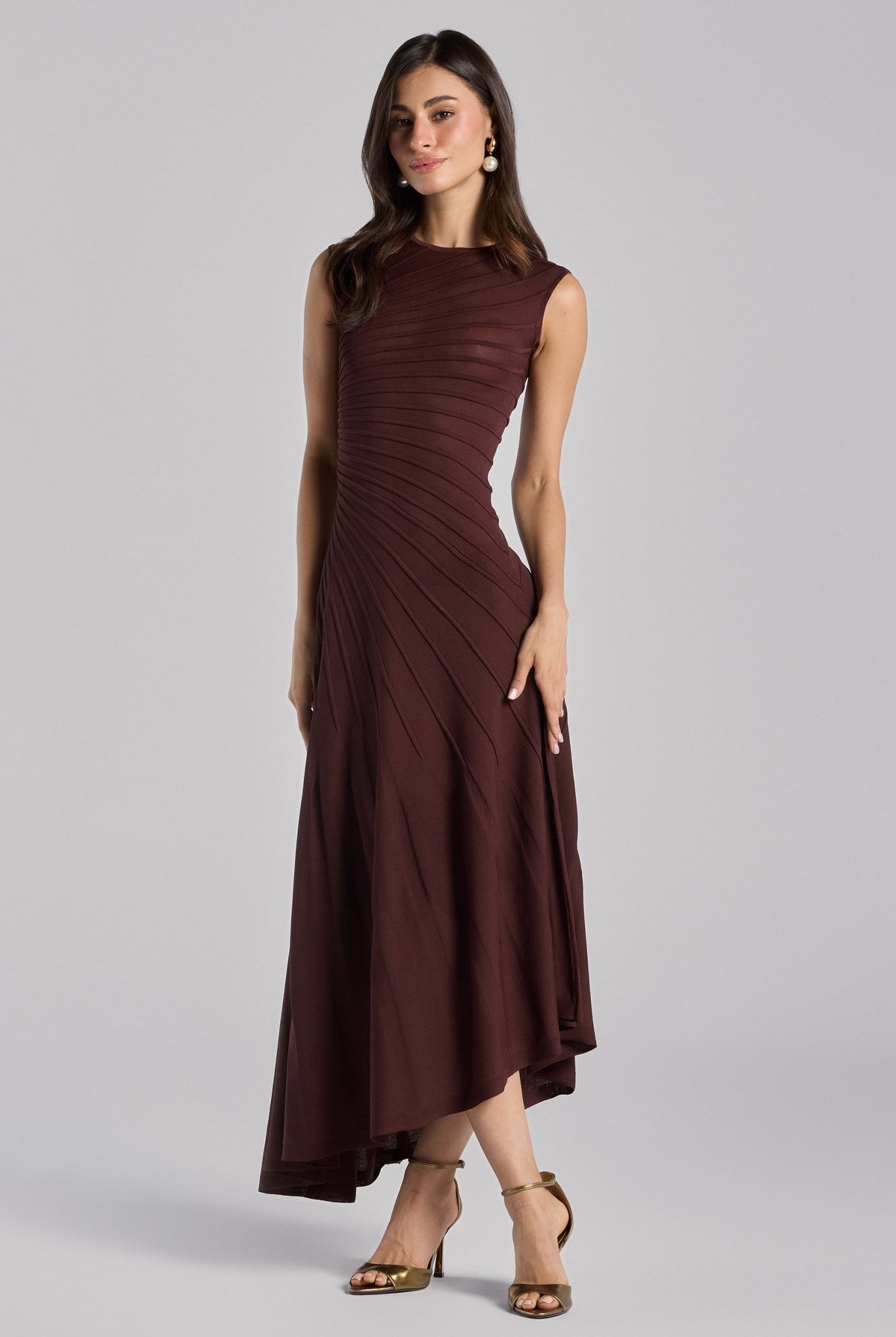 Brown Asymmetric Knit Midi Dress - shopaleena