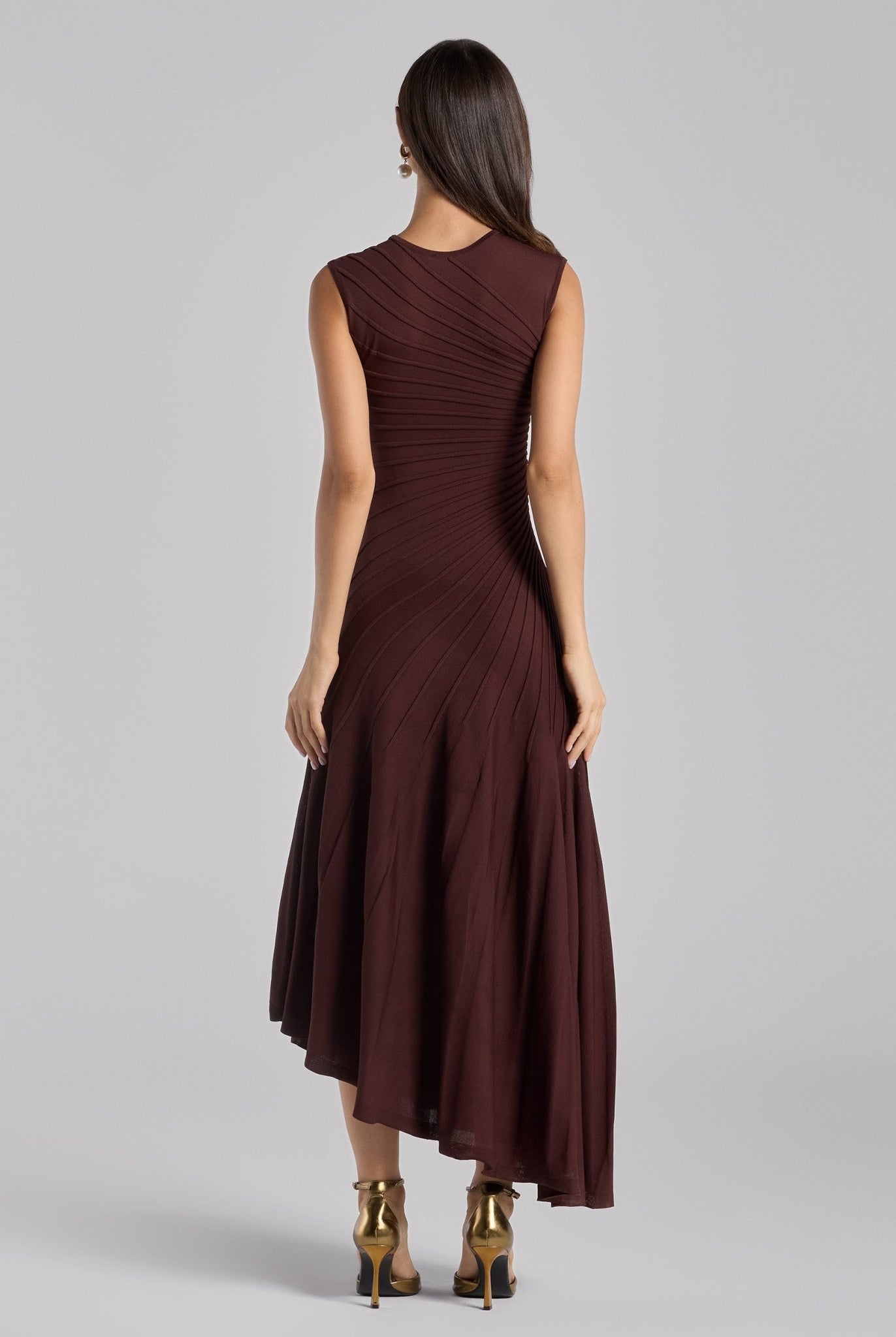 Brown Asymmetric Knit Midi Dress - shopaleena