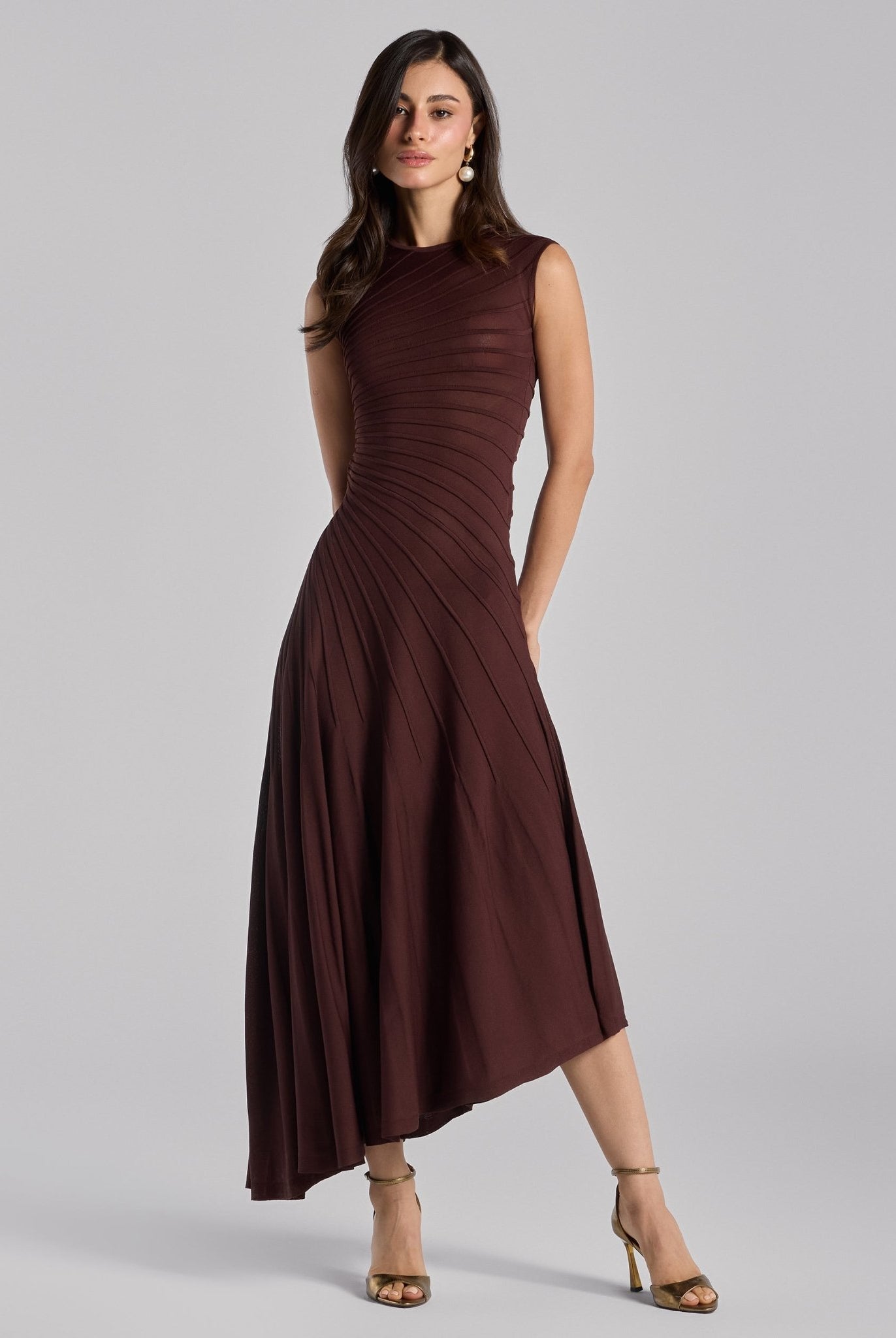Brown Asymmetric Knit Midi Dress - shopaleena