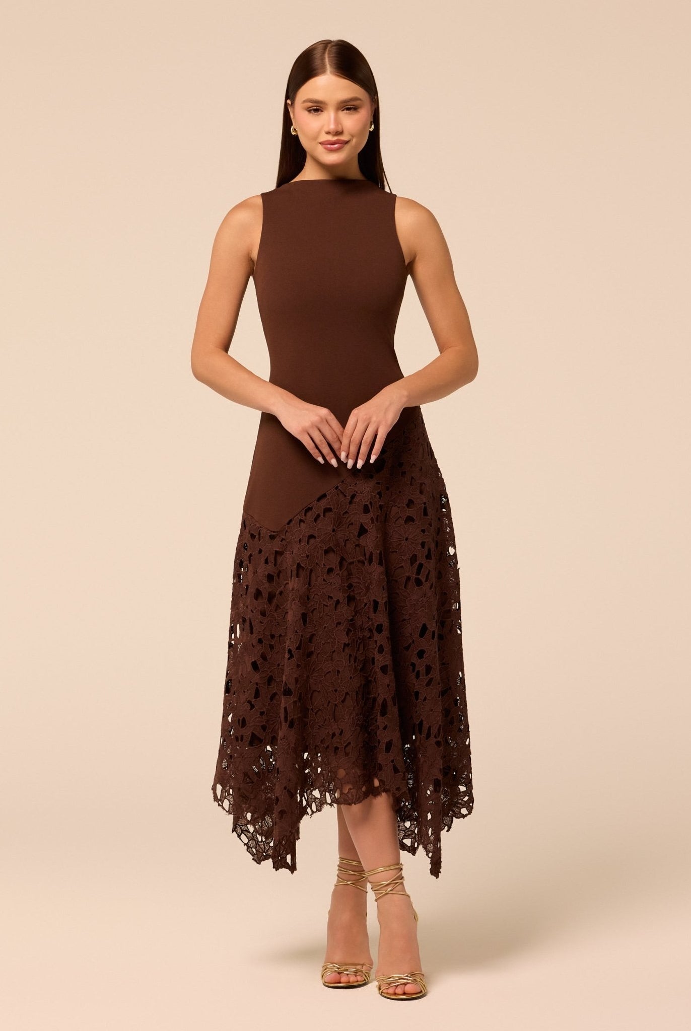 Brown Asymmetric Lace-Overlay Crepe Dress - shopaleena