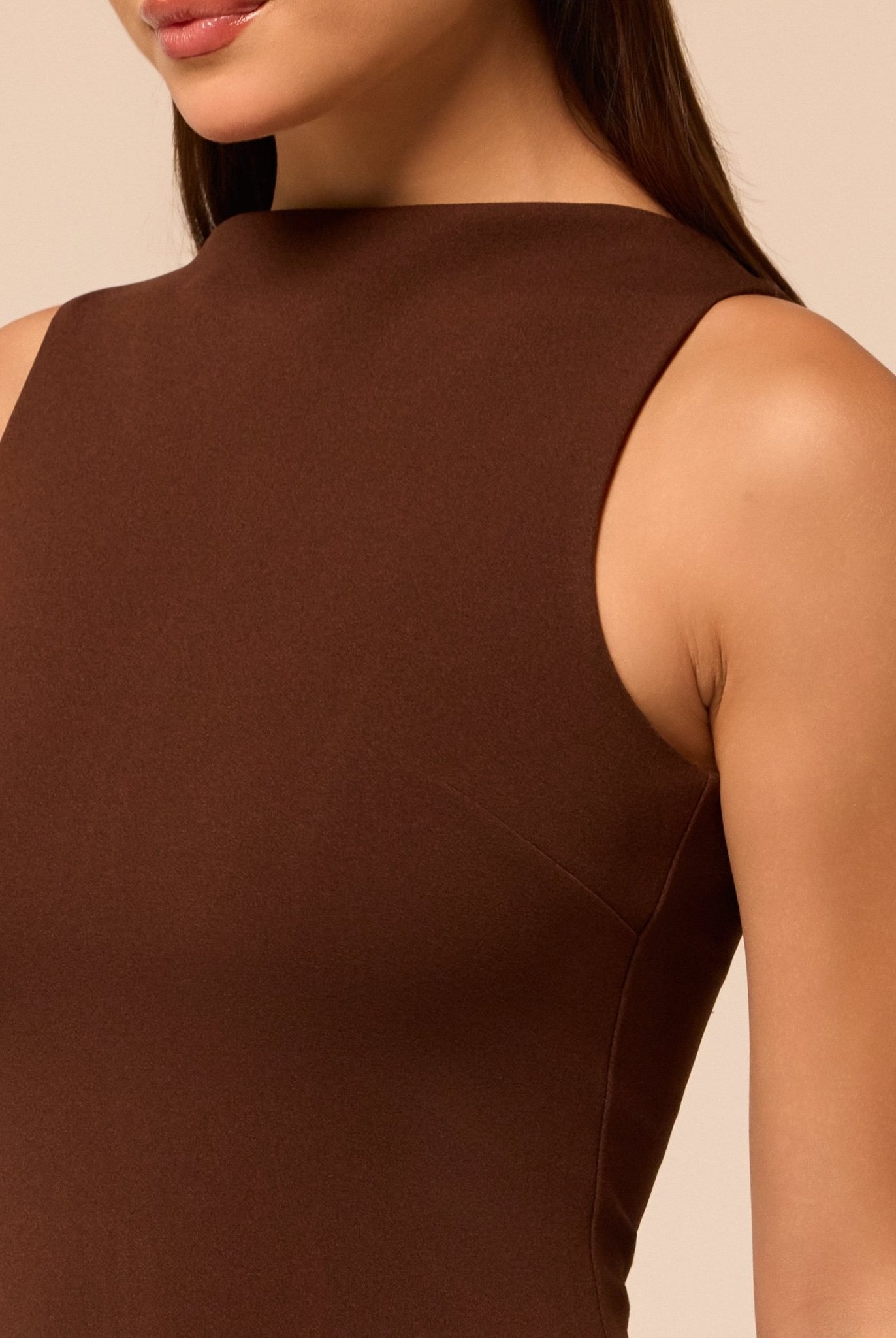 Brown Asymmetric Lace-Overlay Crepe Dress - shopaleena