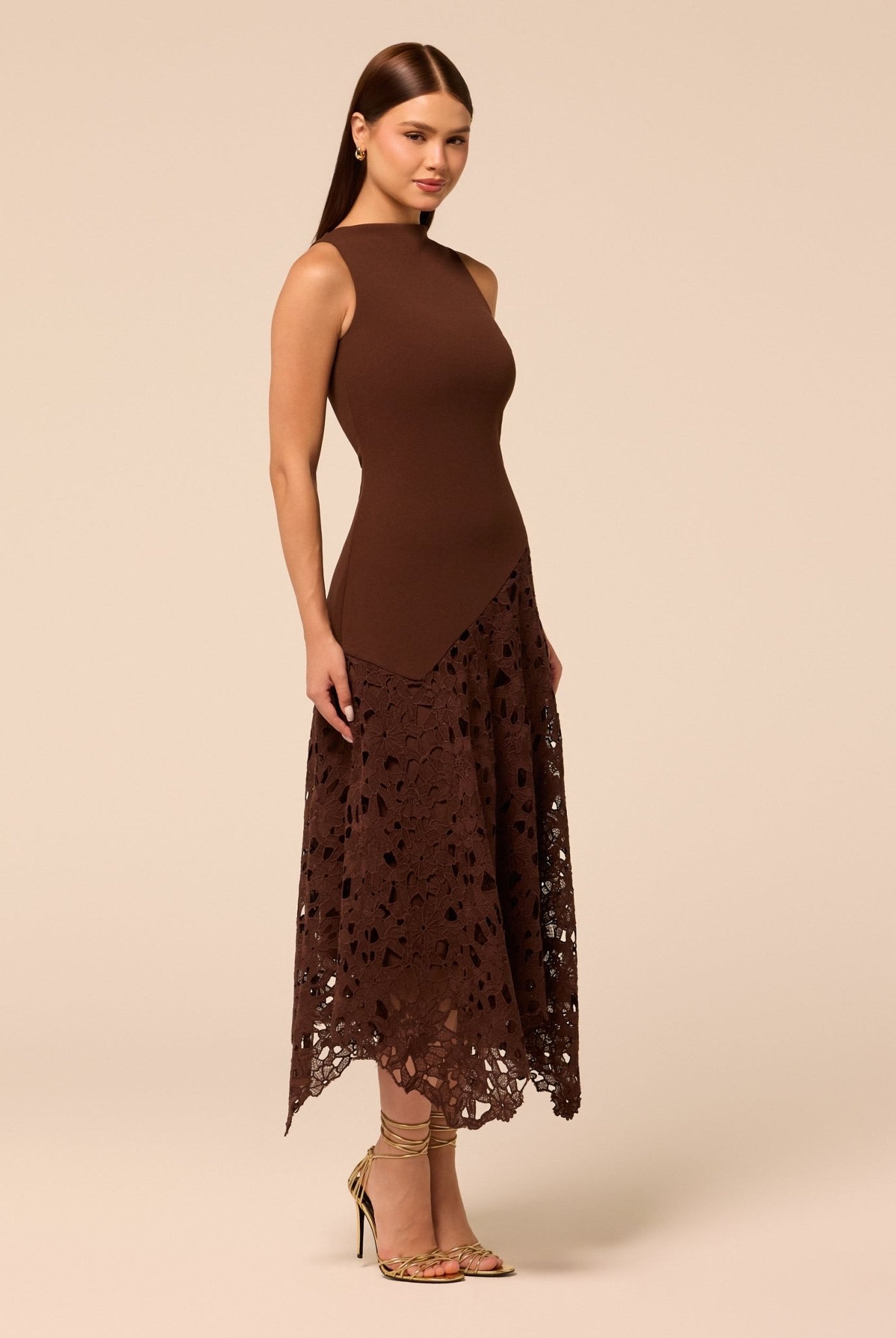 Brown Asymmetric Lace-Overlay Crepe Dress - shopaleena