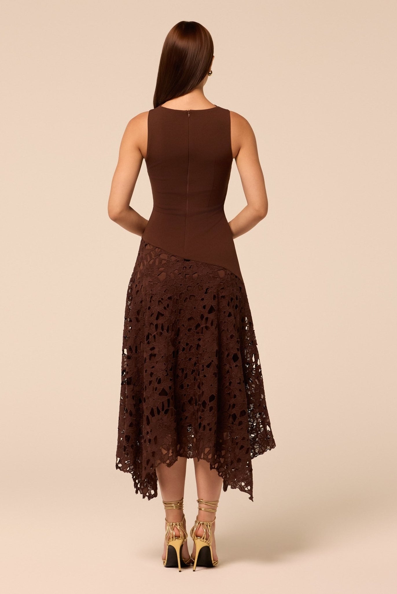 Brown Asymmetric Lace-Overlay Crepe Dress - shopaleena
