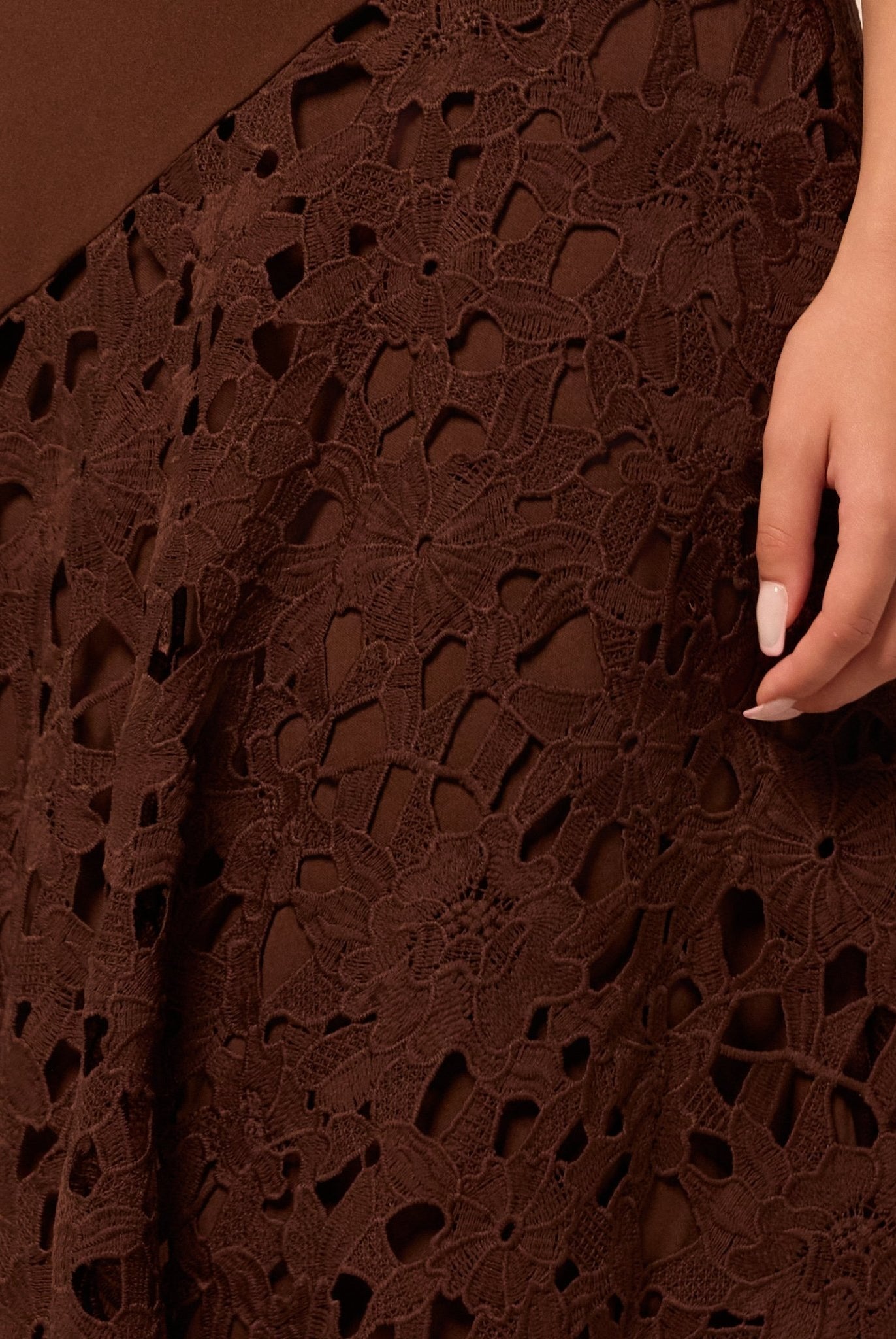 Brown Asymmetric Lace-Overlay Crepe Dress - shopaleena