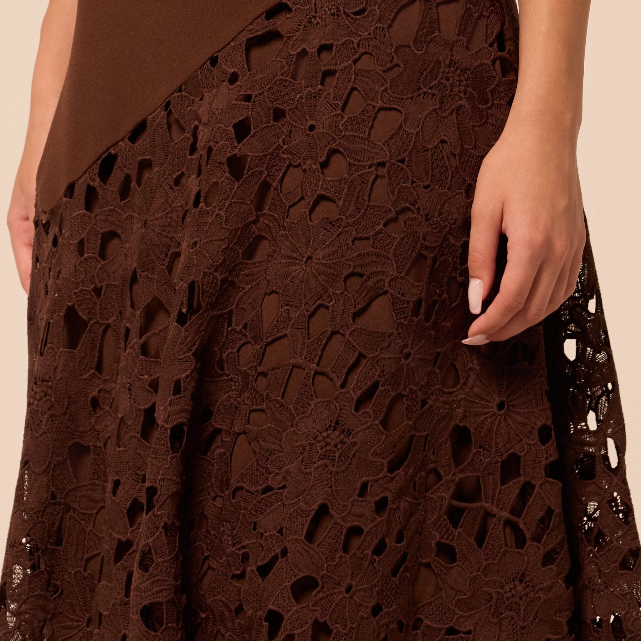 Brown Asymmetric Lace-Overlay Crepe Dress - shopaleena
