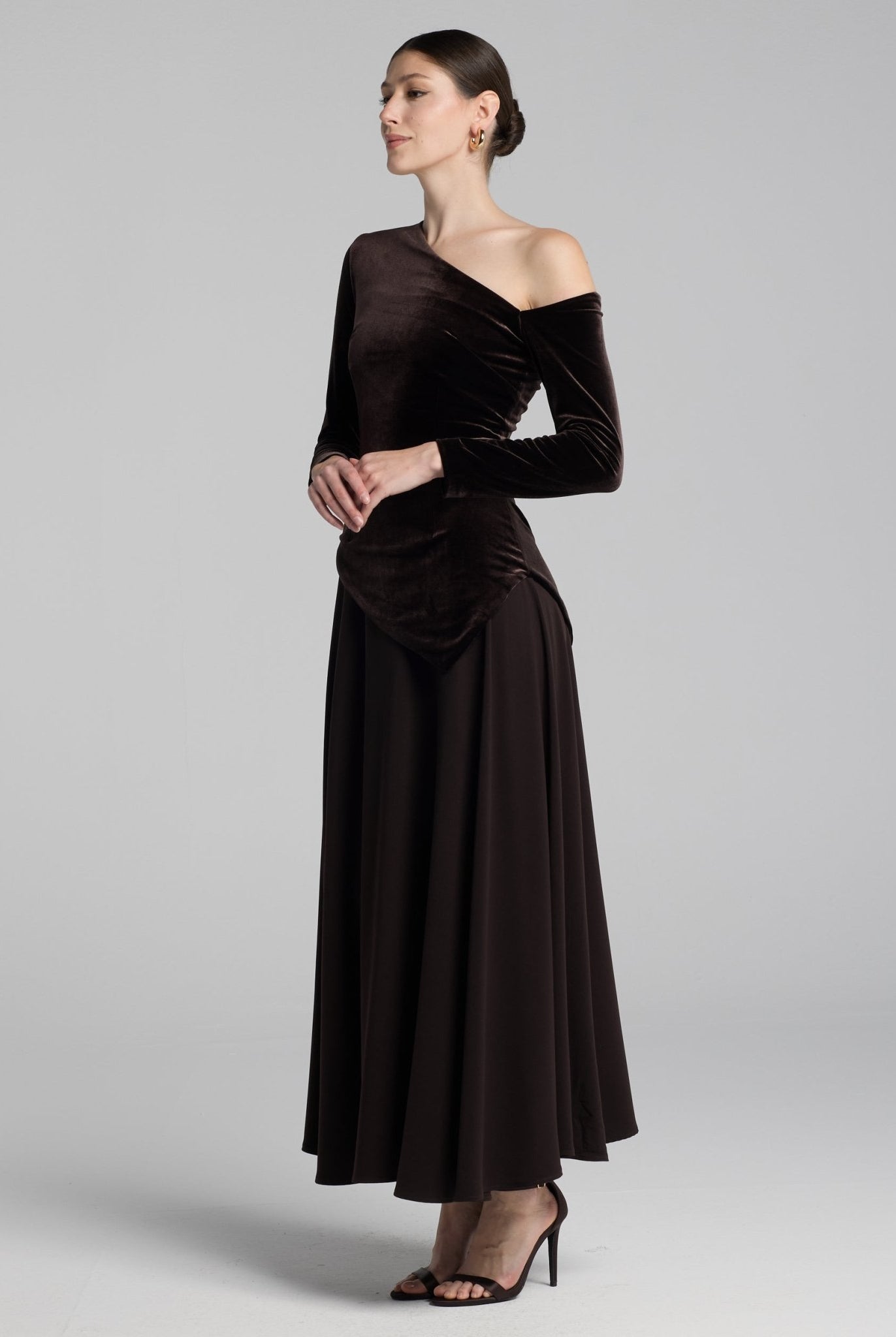 Brown Asymmetric Velvet and Crepe A - Line Dress - shopaleena