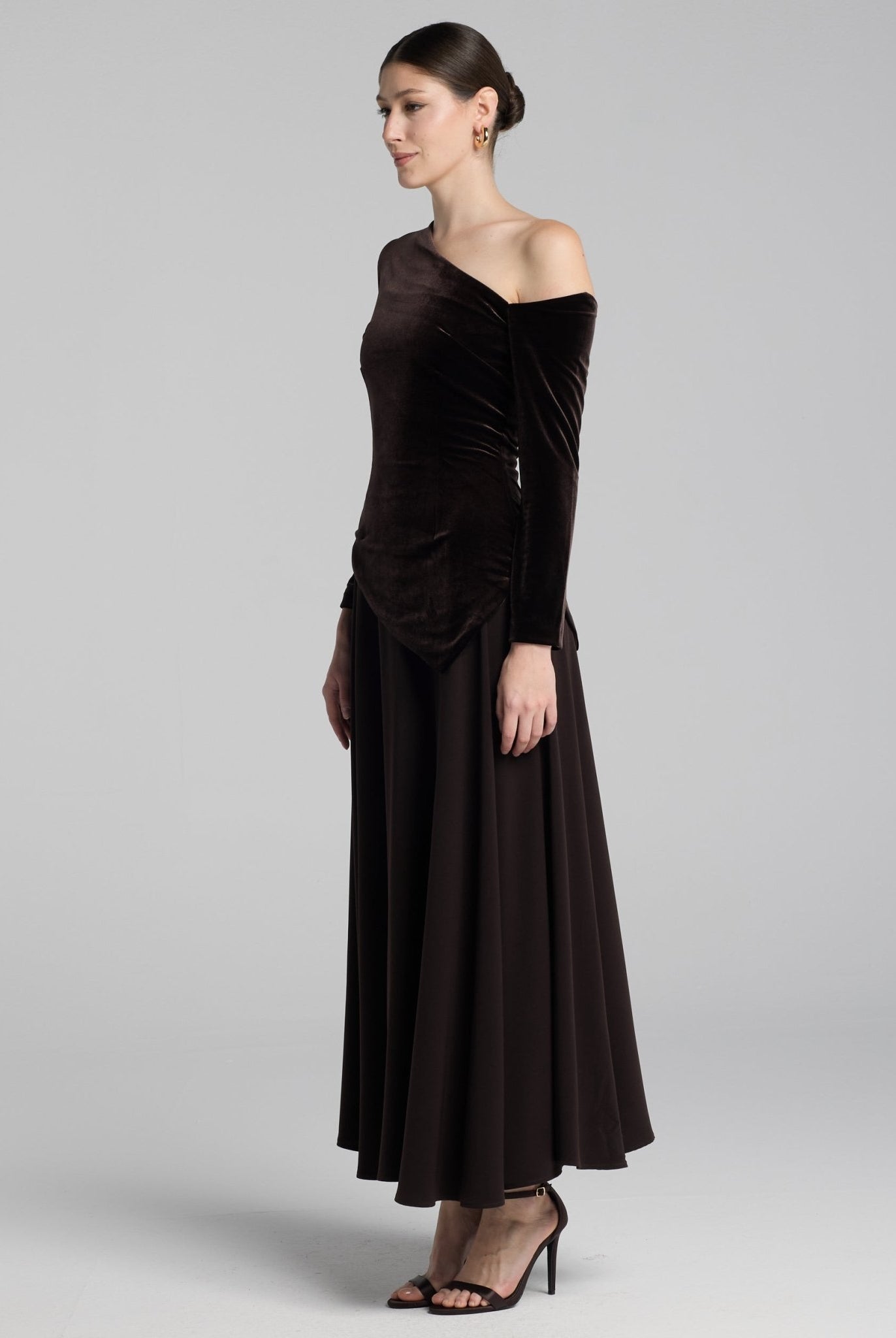 Brown Asymmetric Velvet and Crepe A - Line Dress - shopaleena