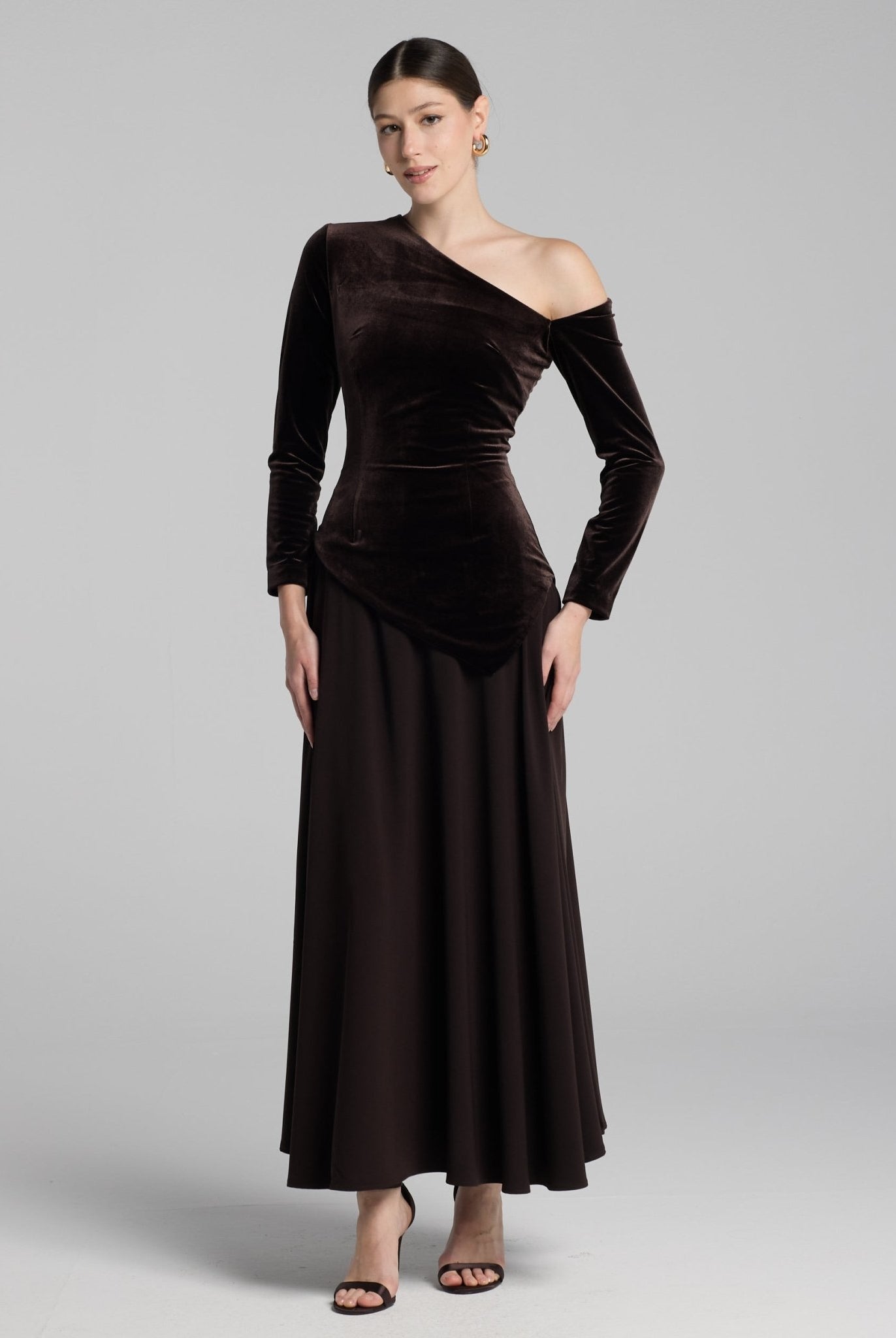 Brown Asymmetric Velvet and Crepe A - Line Dress - shopaleena