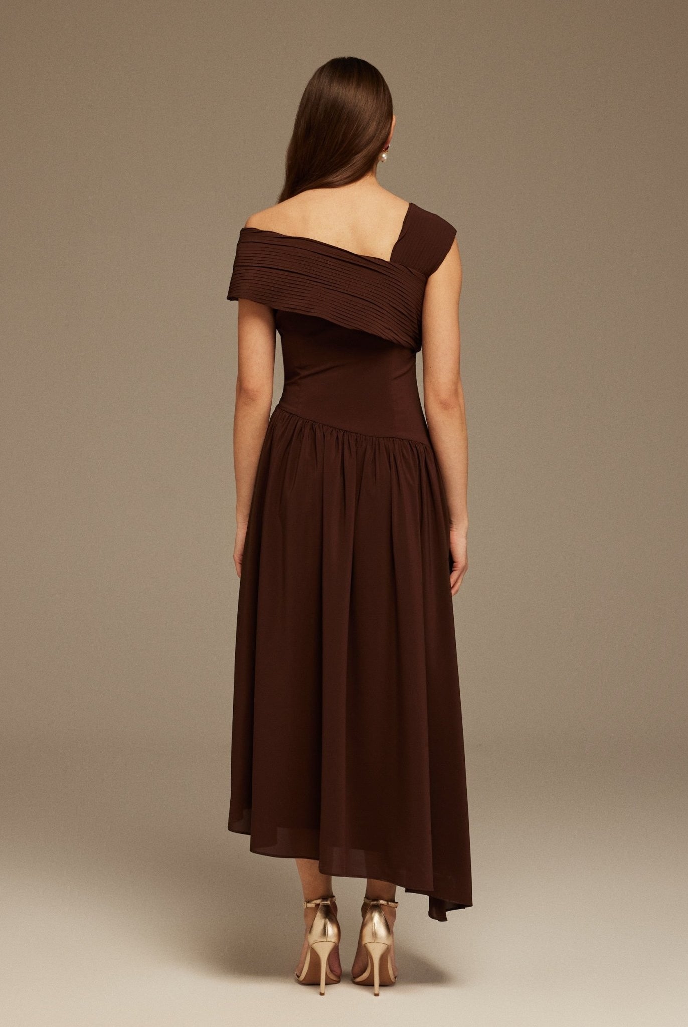Brown Bare shoulder A - line midi dress - shopaleena