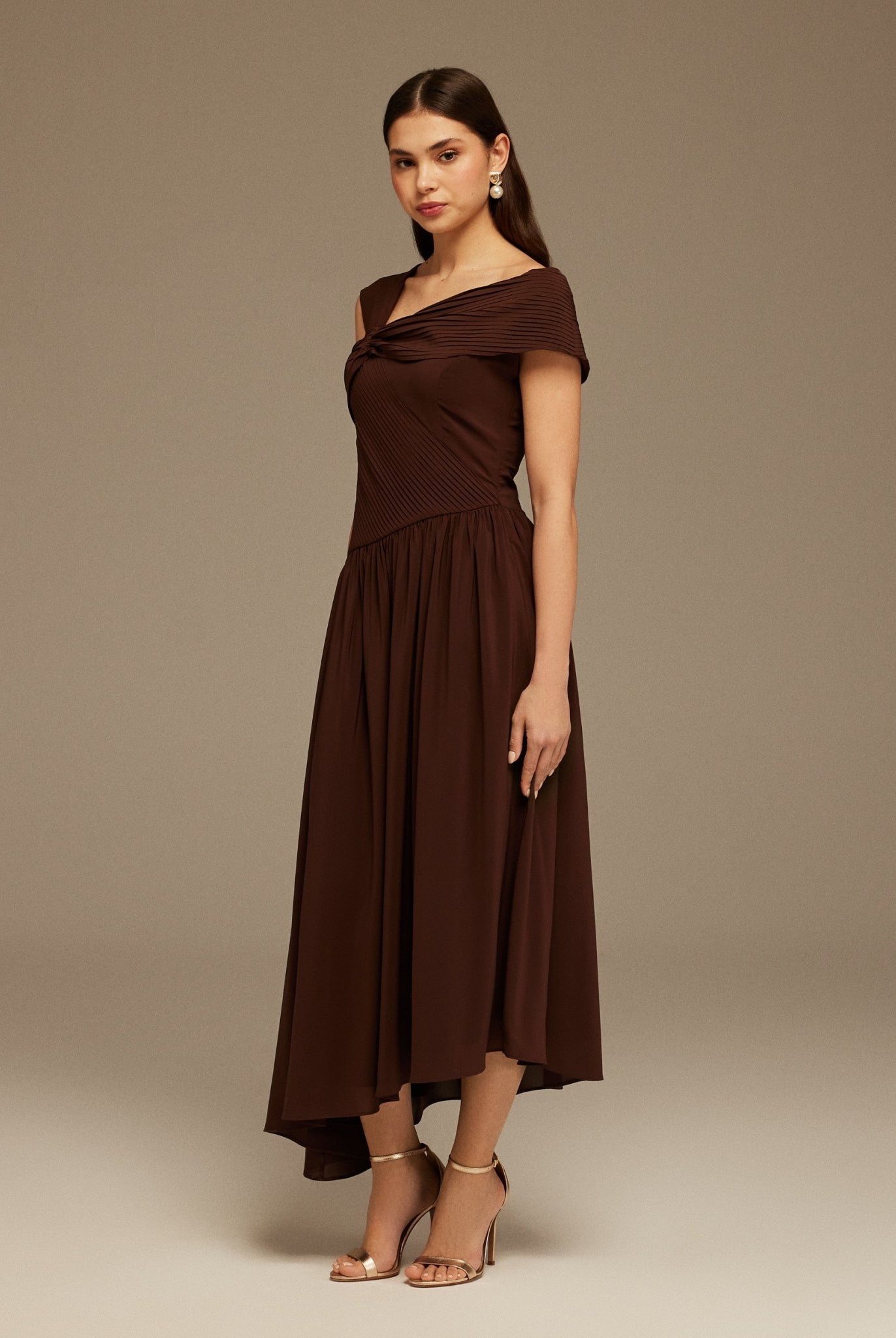 Brown Bare shoulder A - line midi dress - shopaleena