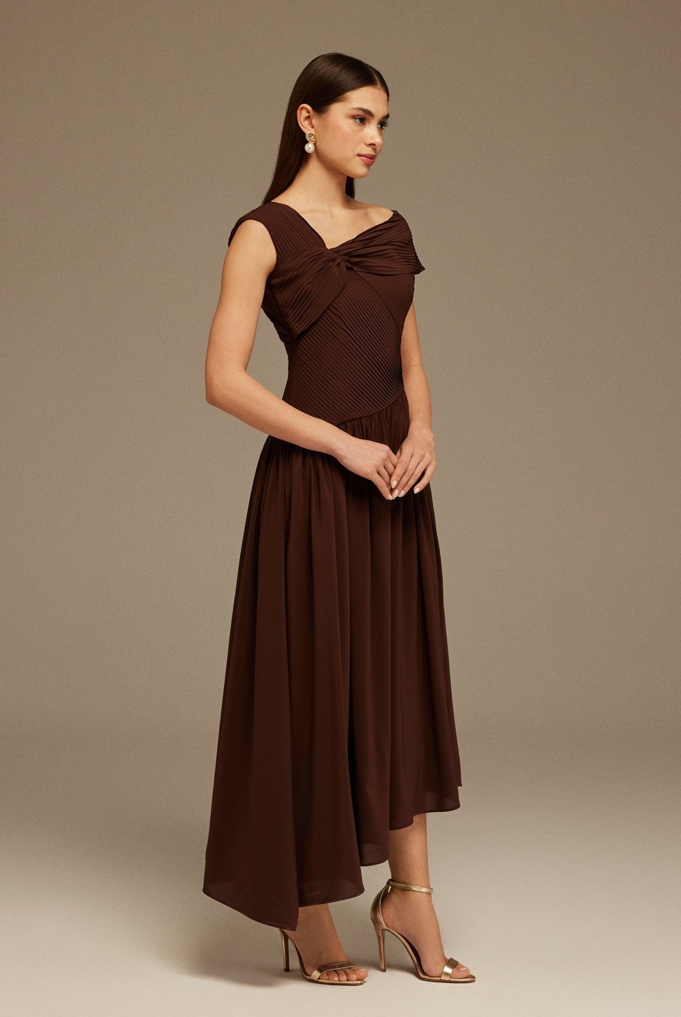 Brown Bare shoulder A - line midi dress - shopaleena