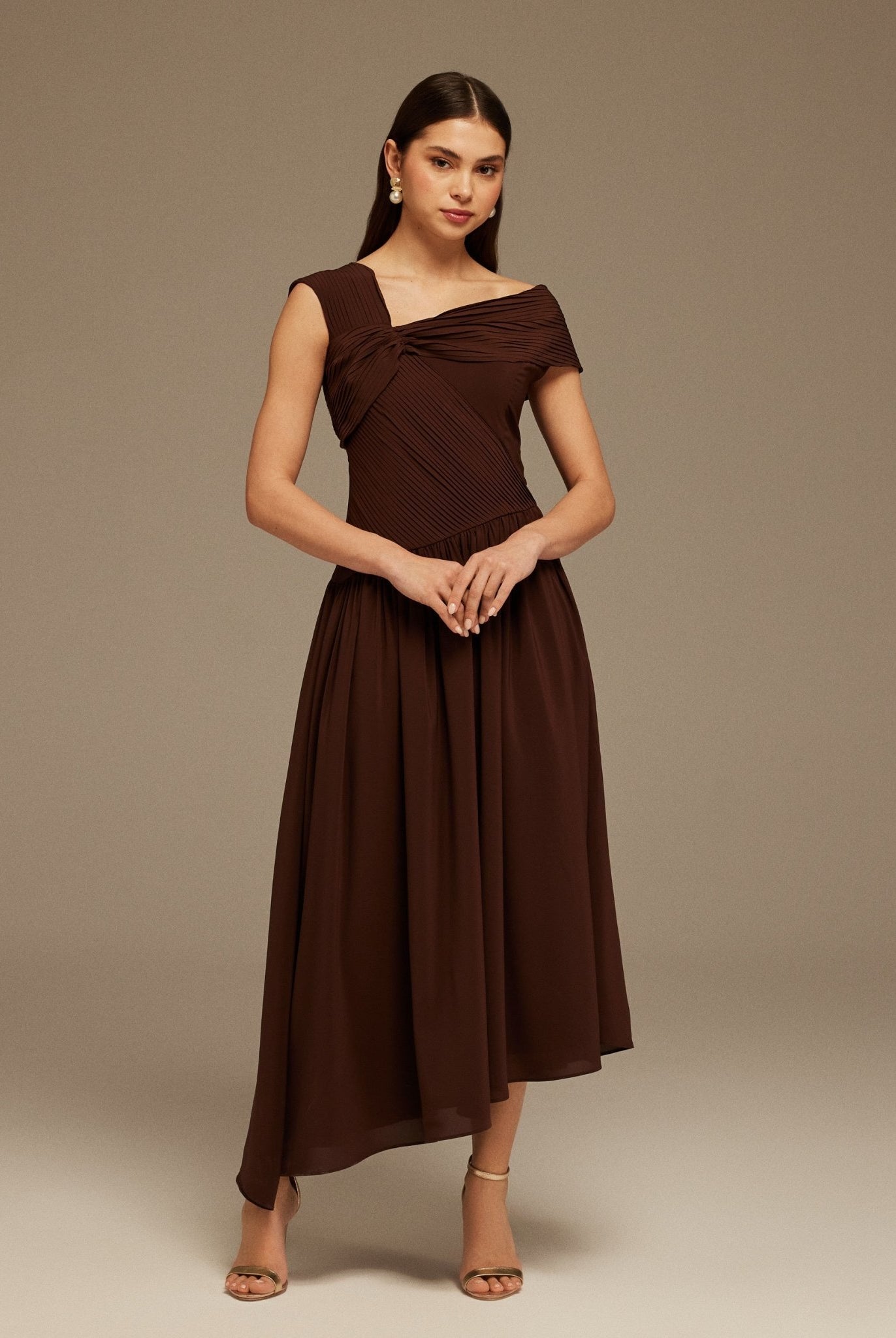 Brown Bare shoulder A - line midi dress - shopaleena