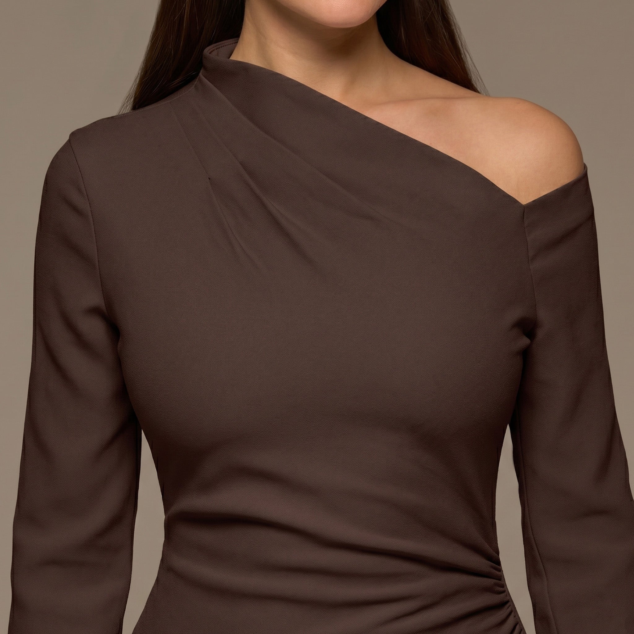 Brown Bare shoulder Crepe Maxi Dress - shopaleena