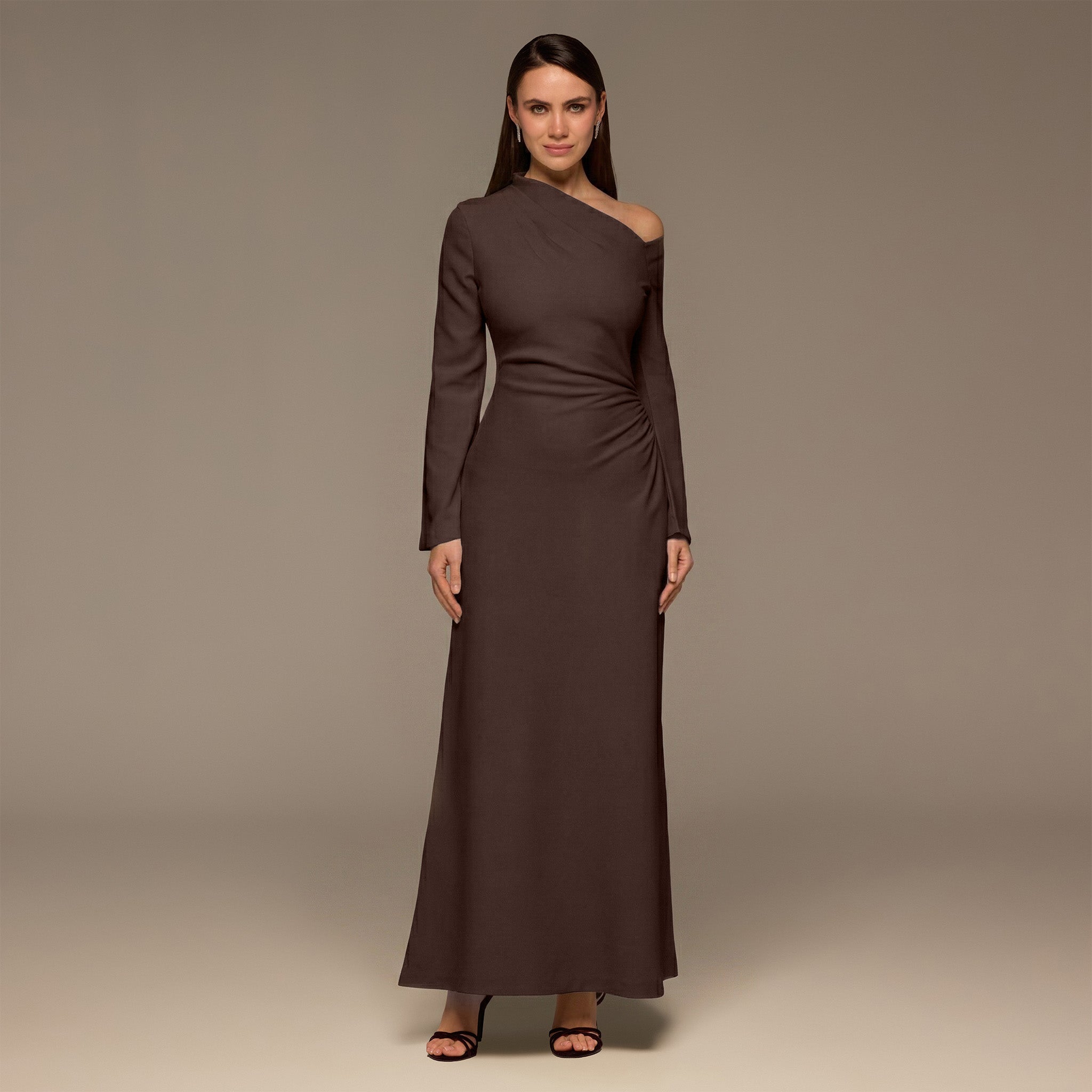 Brown Bare shoulder Crepe Maxi Dress - shopaleena