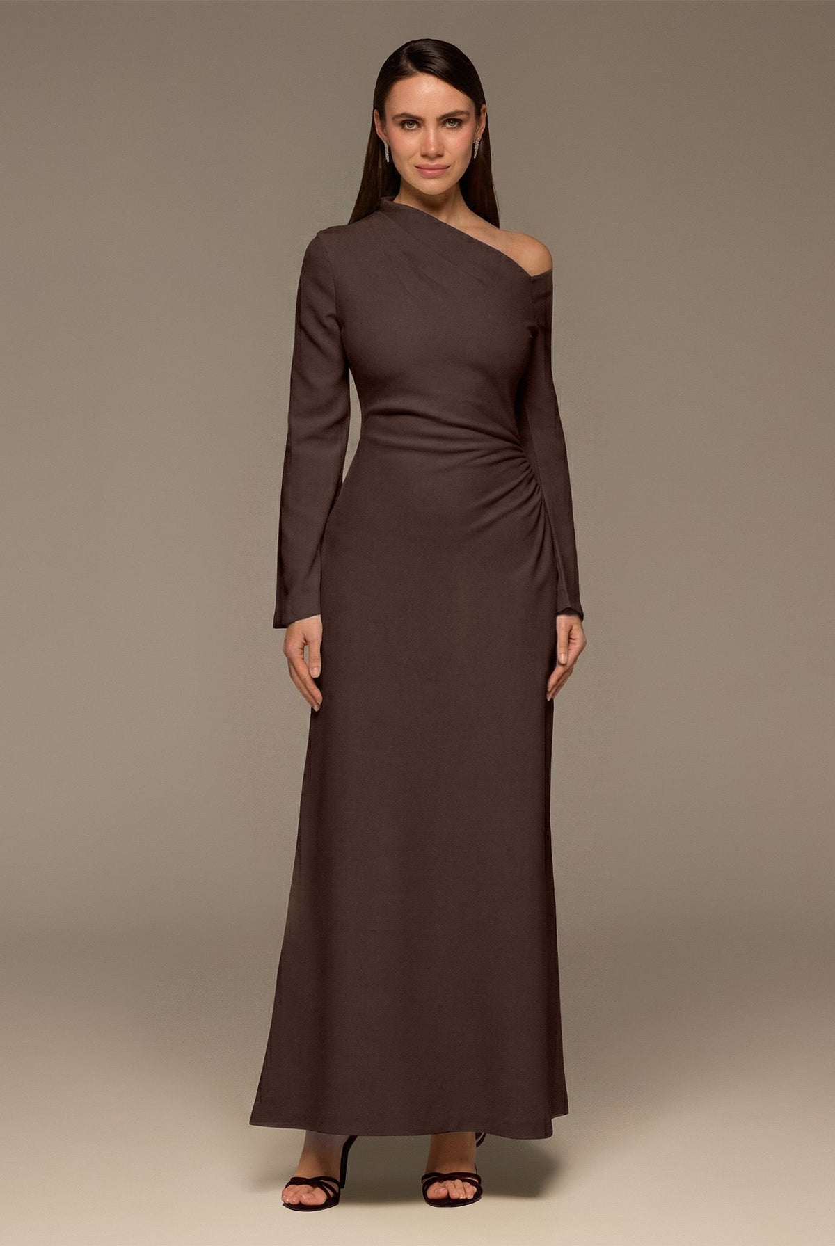 Brown Bare shoulder Crepe Maxi Dress - shopaleena