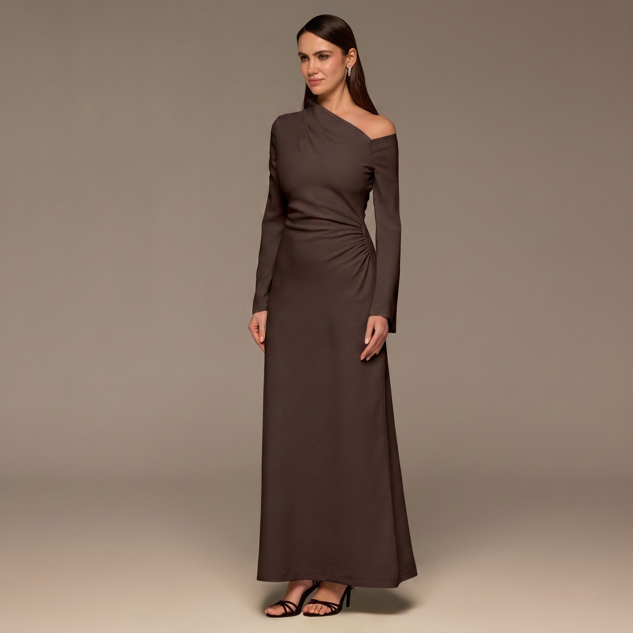 Brown Bare shoulder Crepe Maxi Dress - shopaleena