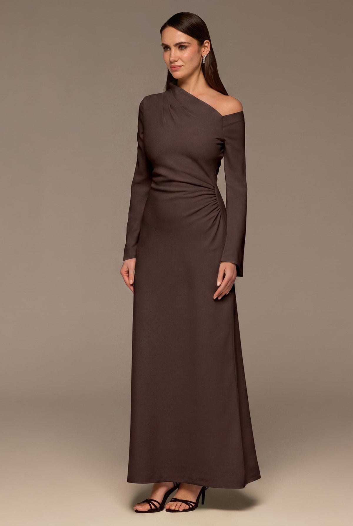 Brown Bare shoulder Crepe Maxi Dress - shopaleena