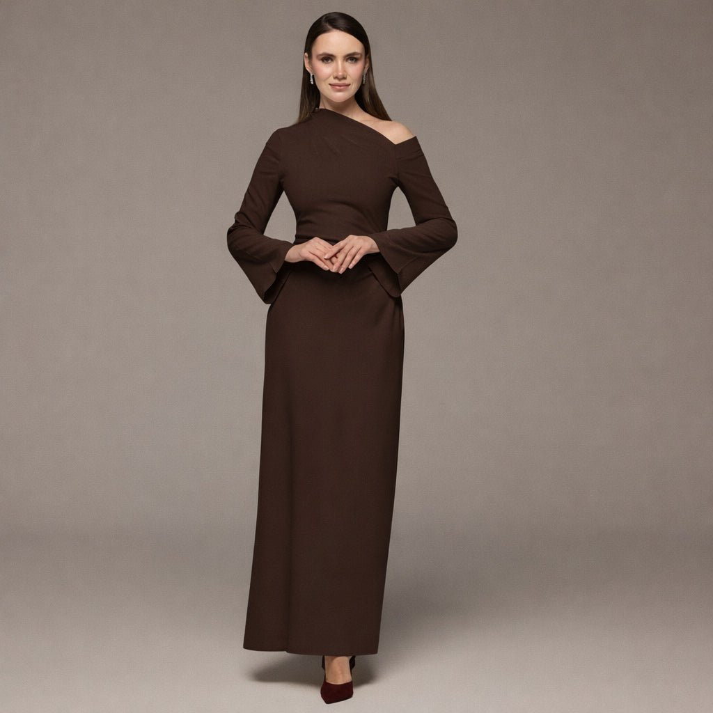 Brown Bare shoulder Crepe Maxi Dress - shopaleena
