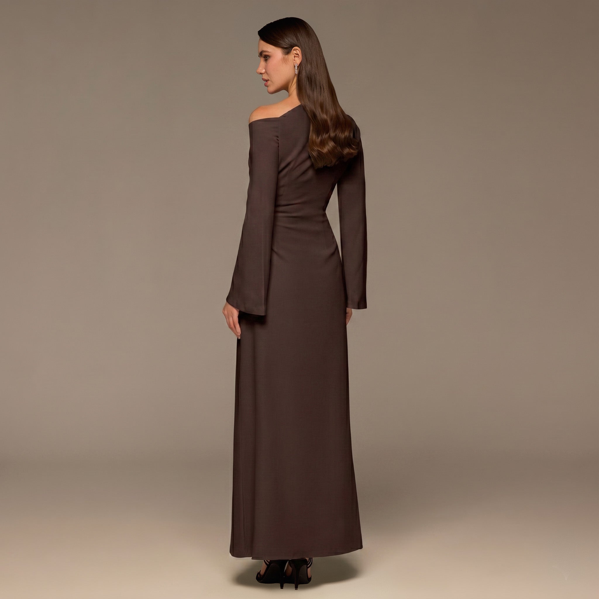 Brown Bare shoulder Crepe Maxi Dress - shopaleena