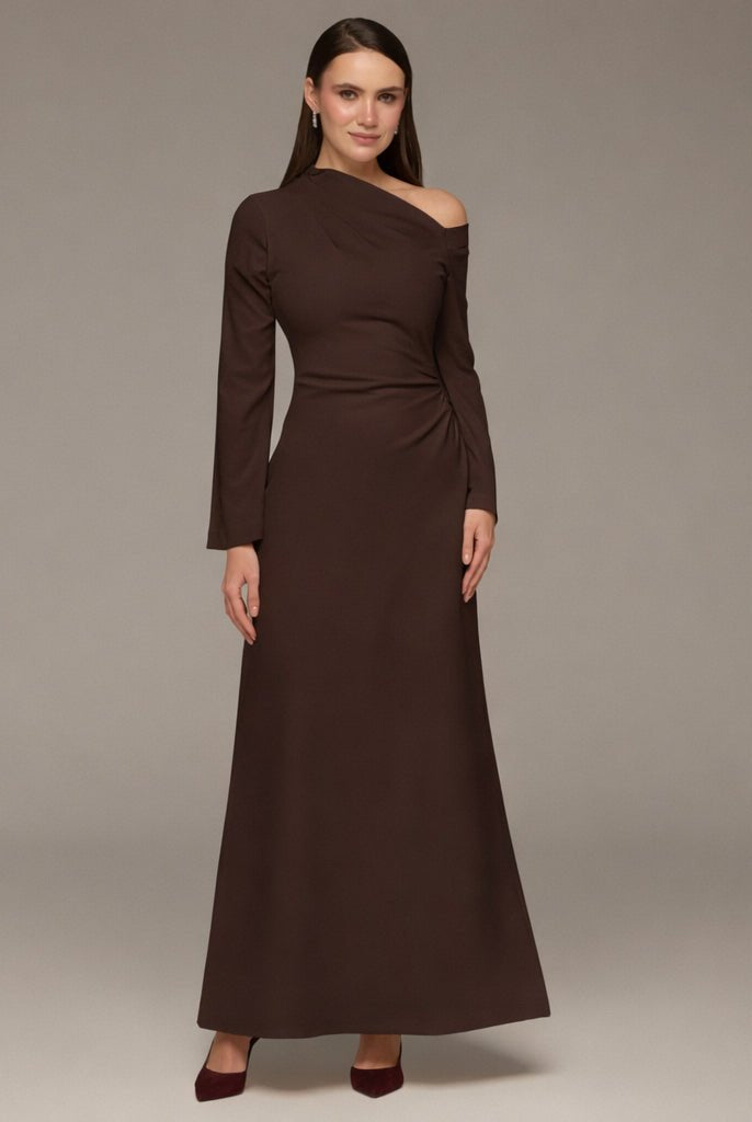 Brown Bare shoulder Crepe Maxi Dress - shopaleena