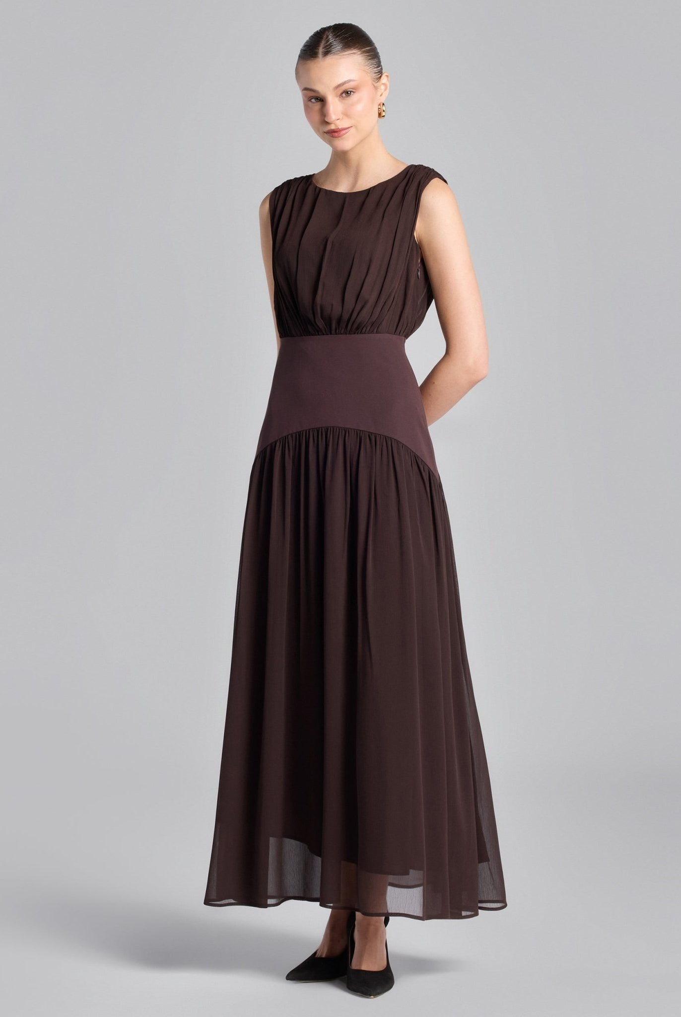 Brown Chiffon Maxi Dress with Twill Waistband - shopaleena
