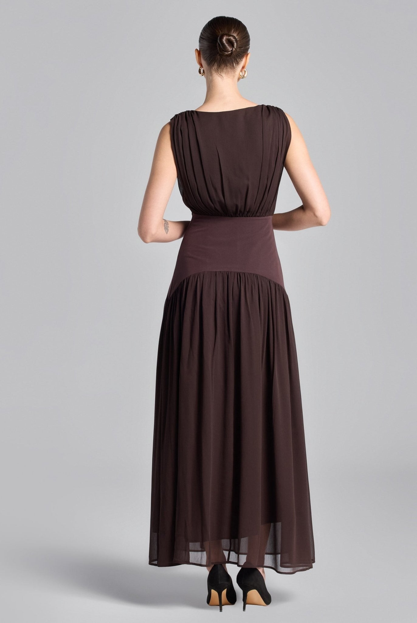 Brown Chiffon Maxi Dress with Twill Waistband - shopaleena