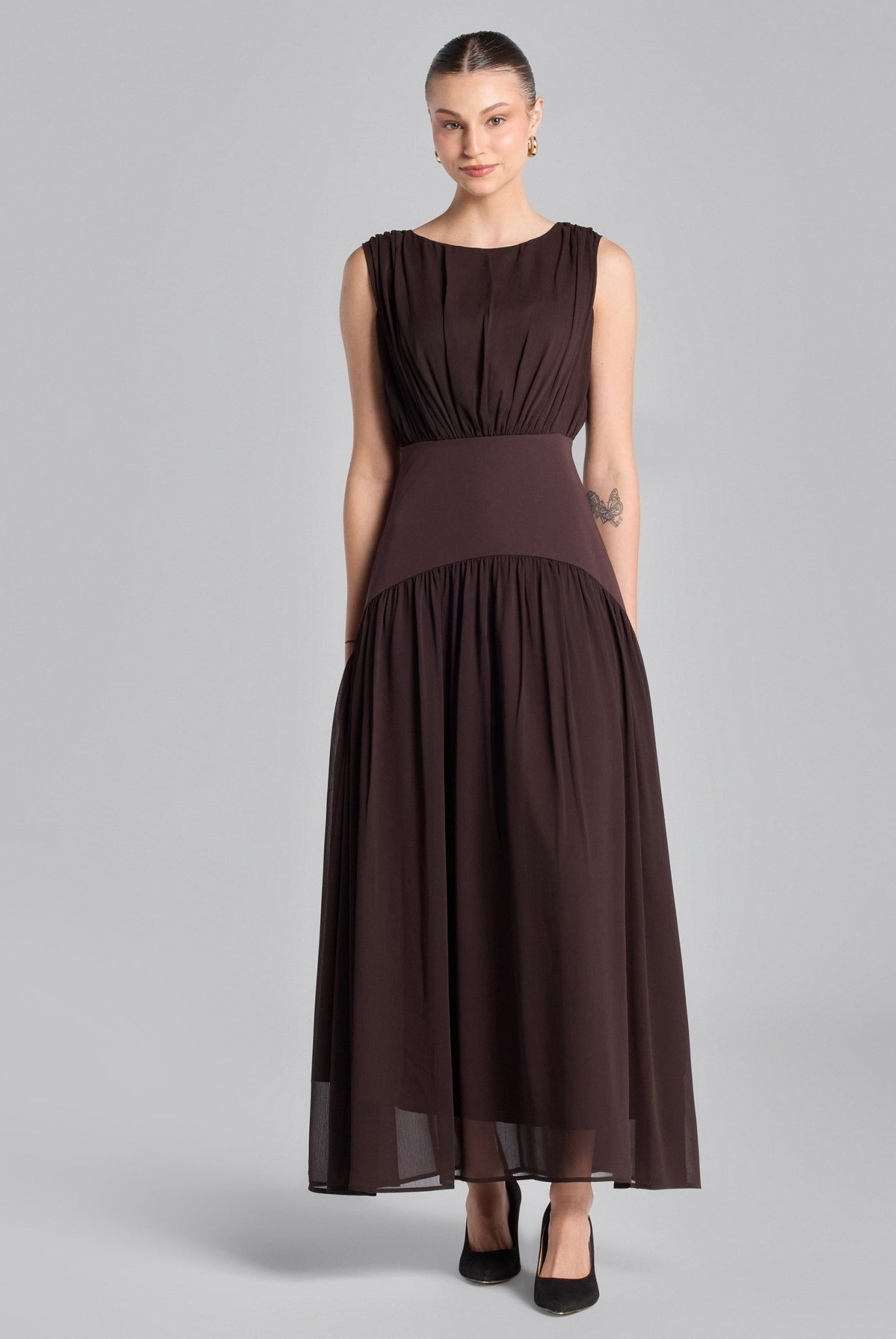 Brown Chiffon Maxi Dress with Twill Waistband - shopaleena