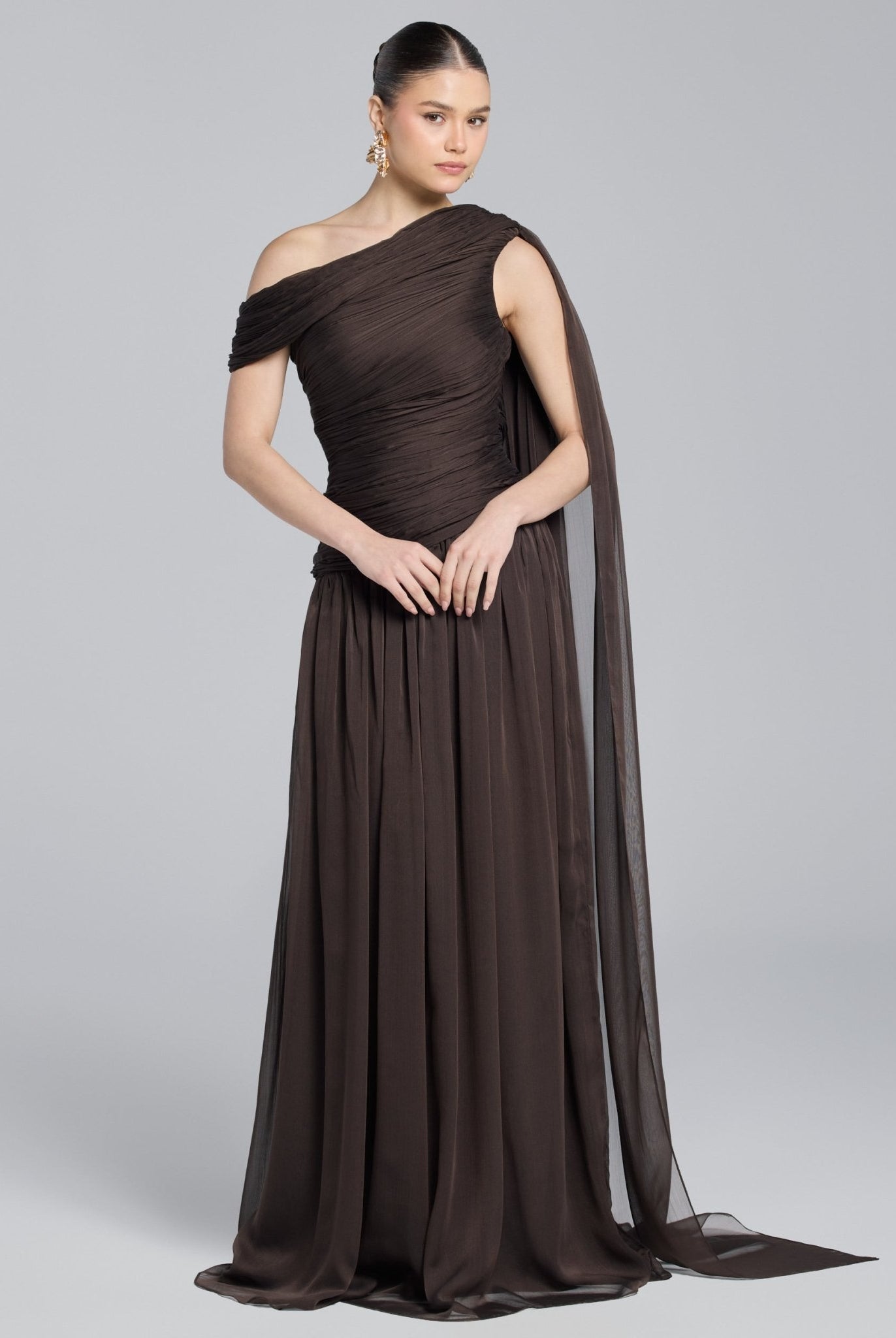 Brown Chiffon Pleated Gown with Back Scarf - shopaleena