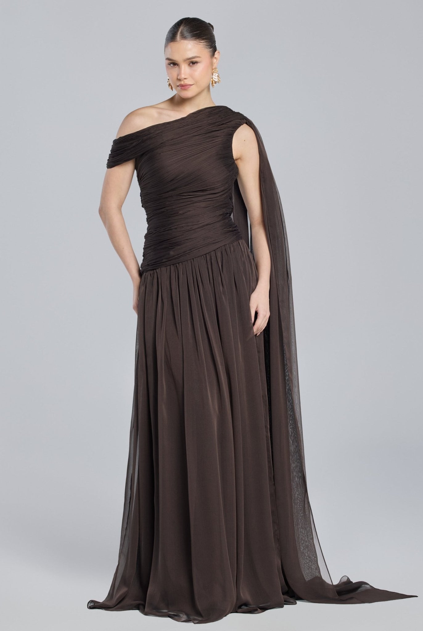Brown Chiffon Pleated Gown with Back Scarf - shopaleena
