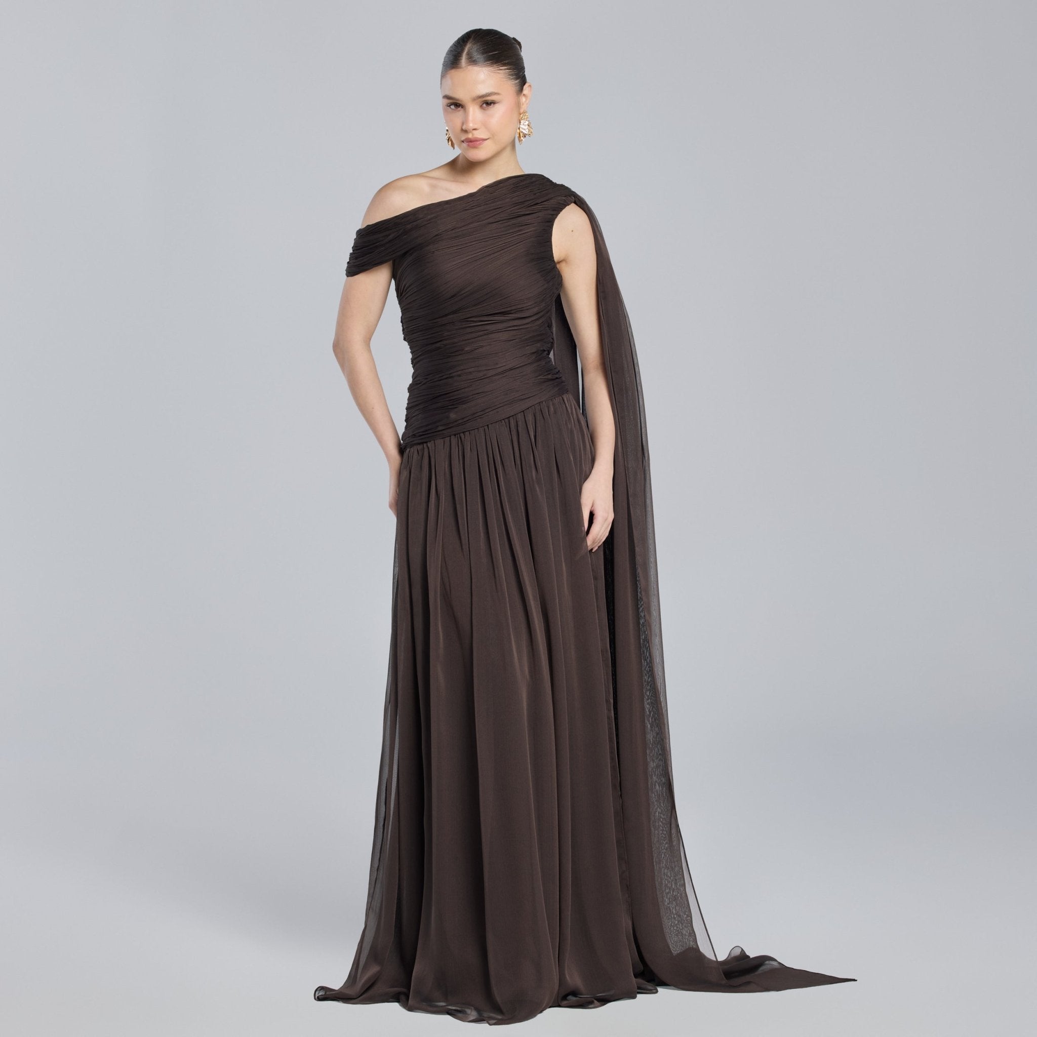 Brown Chiffon Pleated Gown with Back Scarf - shopaleena