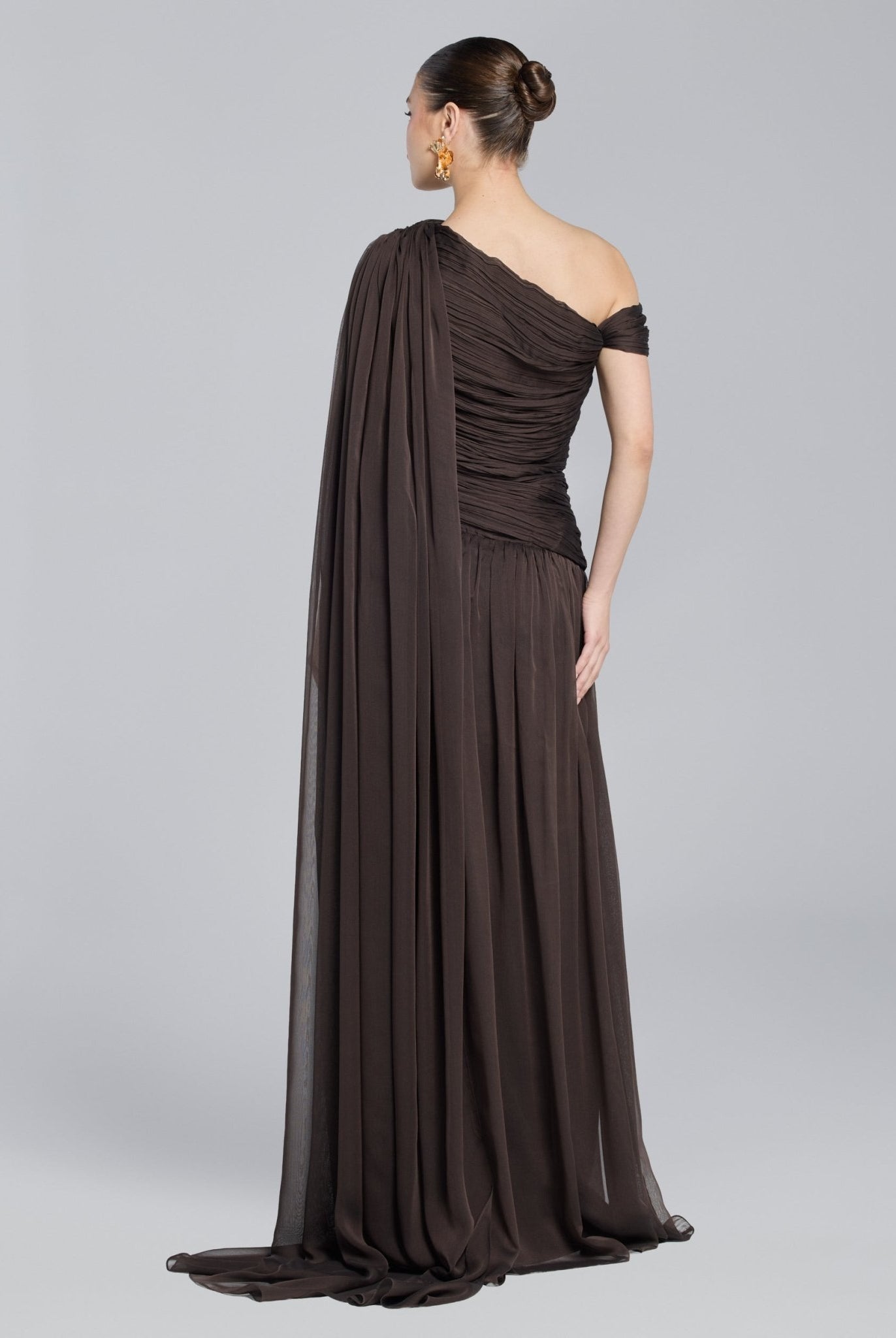Brown Chiffon Pleated Gown with Back Scarf - shopaleena